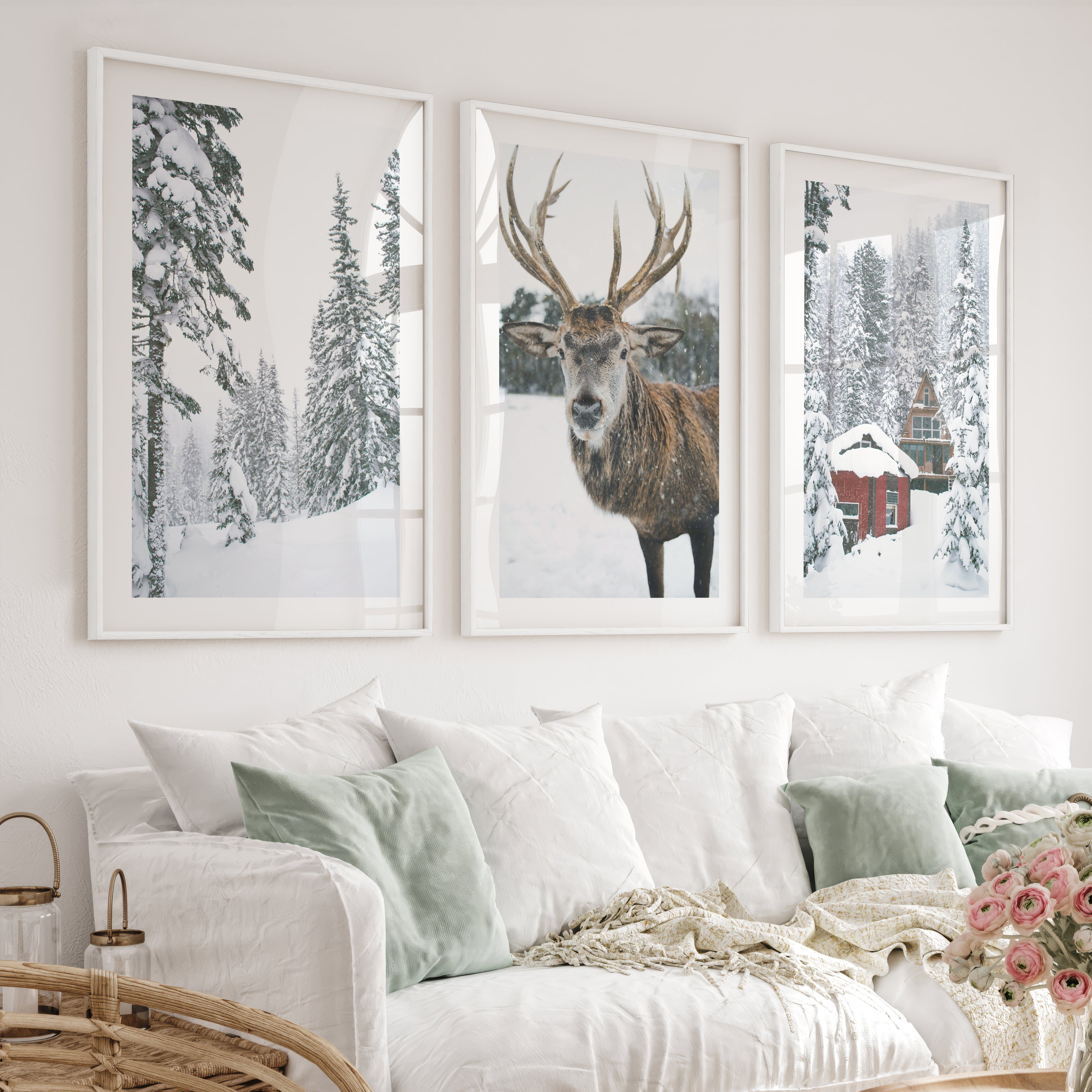 Christmas Mood Wall Art Prints. Red Log Cabin, Deer - White Framed Poster with White Border - Artworksets