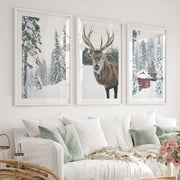 Christmas Mood Wall Art Prints. Red Log Cabin, Deer - White Framed Poster with White Border - Artworksets