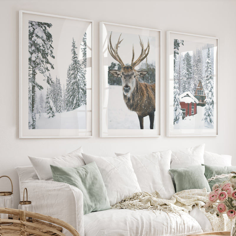 Christmas Mood Wall Art Prints. Red Log Cabin, Deer - White Framed Poster with White Border - Artworksets