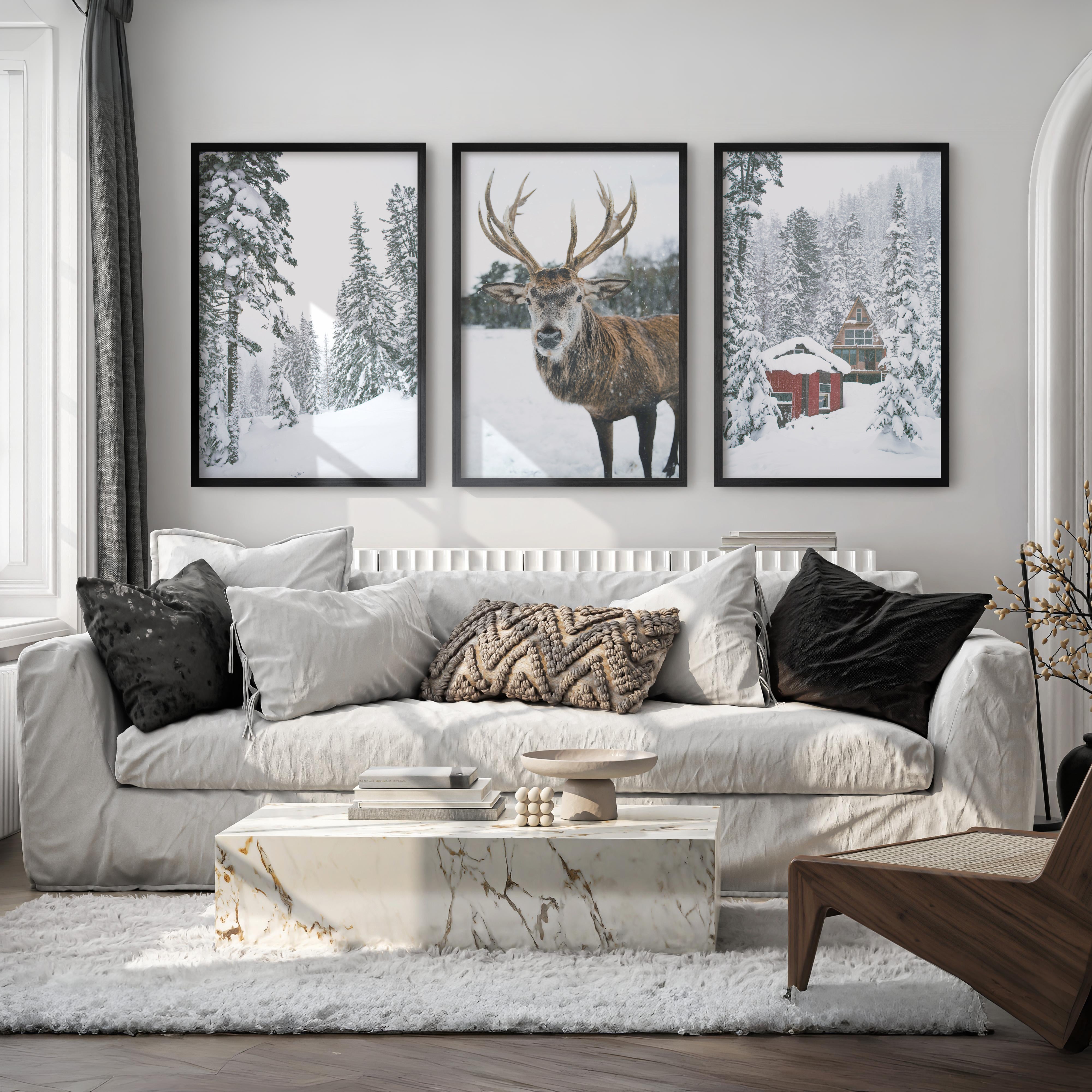 Christmas Mood Wall Art Prints. Red Log Cabin, Deer - Black Framed Poster No Border - Artworksets