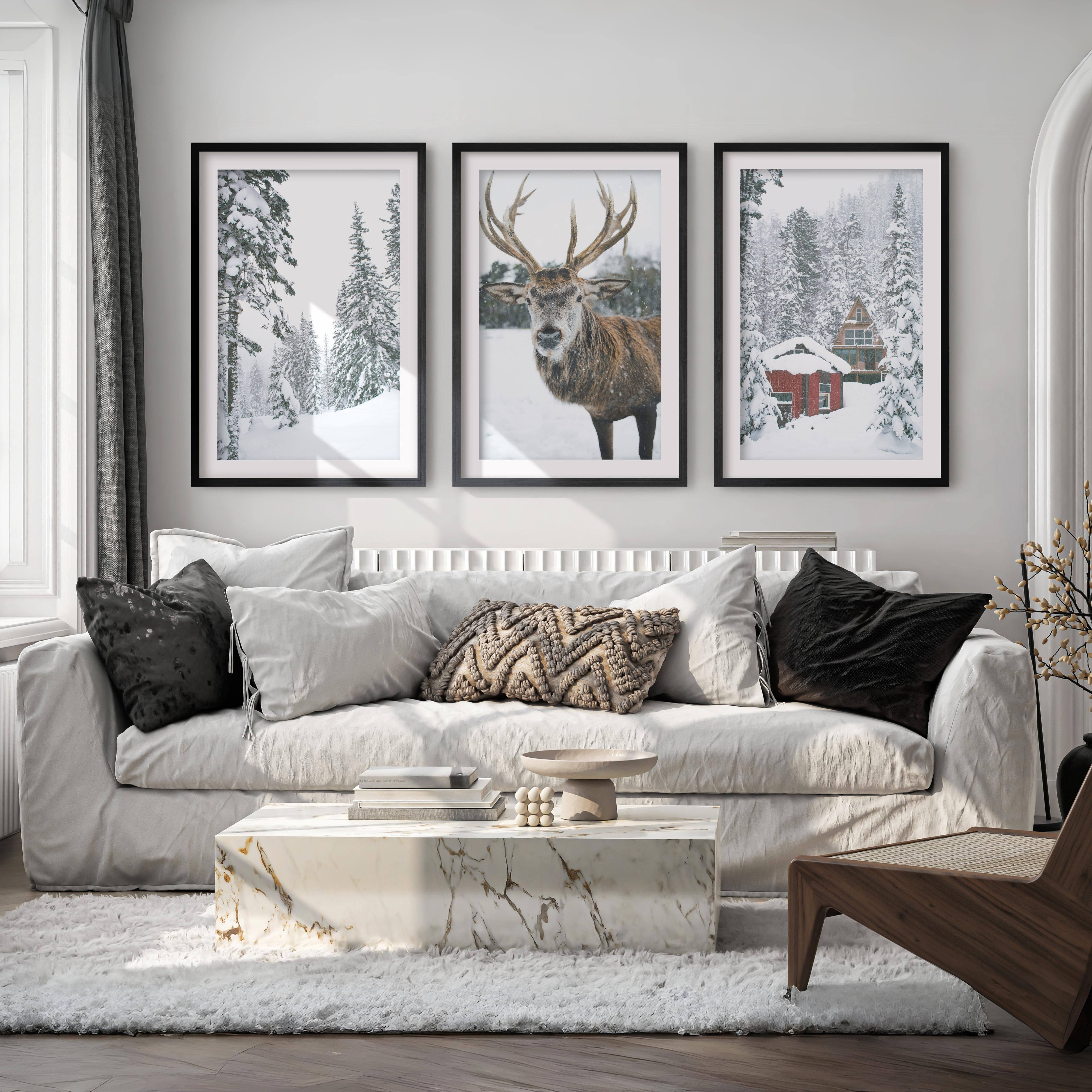 Christmas Mood Wall Art Prints. Red Log Cabin, Deer - Black Framed Poster with White Border - Artworksets