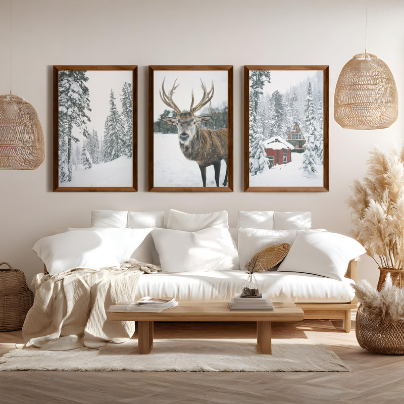 Christmas Mood Wall Art Prints. Red Log Cabin, Deer - Dark Brown Framed Poster No Border - Artworksets