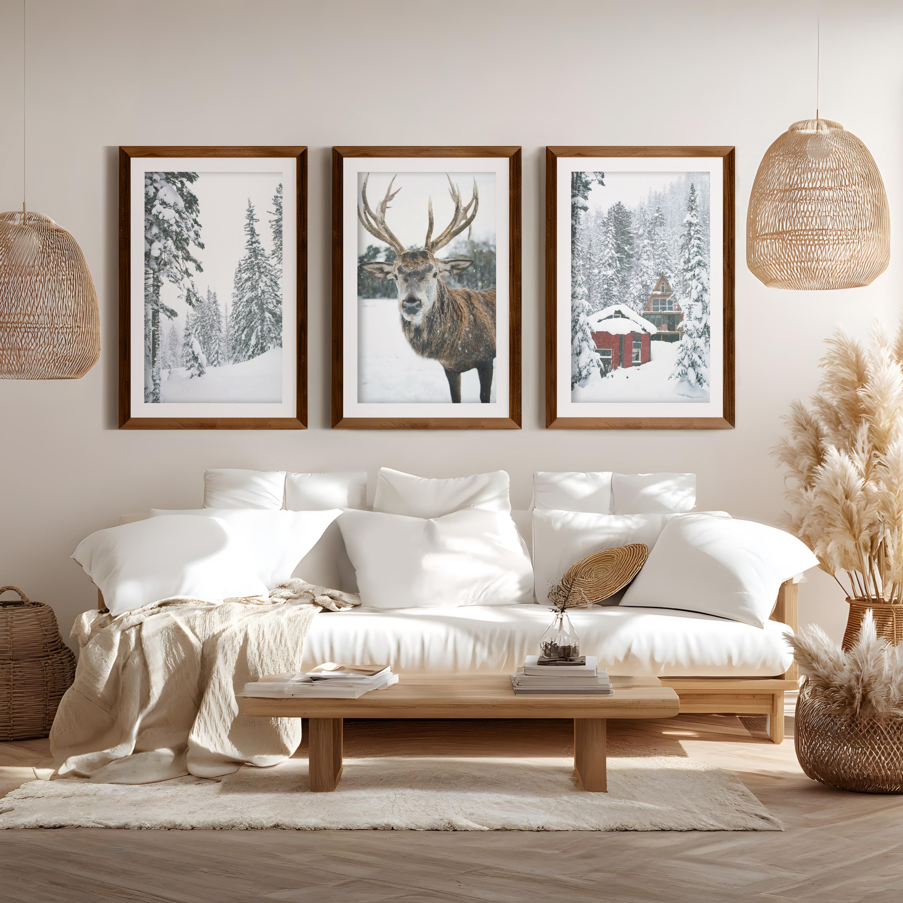 Christmas Mood Wall Art Prints. Red Log Cabin, Deer - Dark Brown Framed Poster with White Border - Artworksets