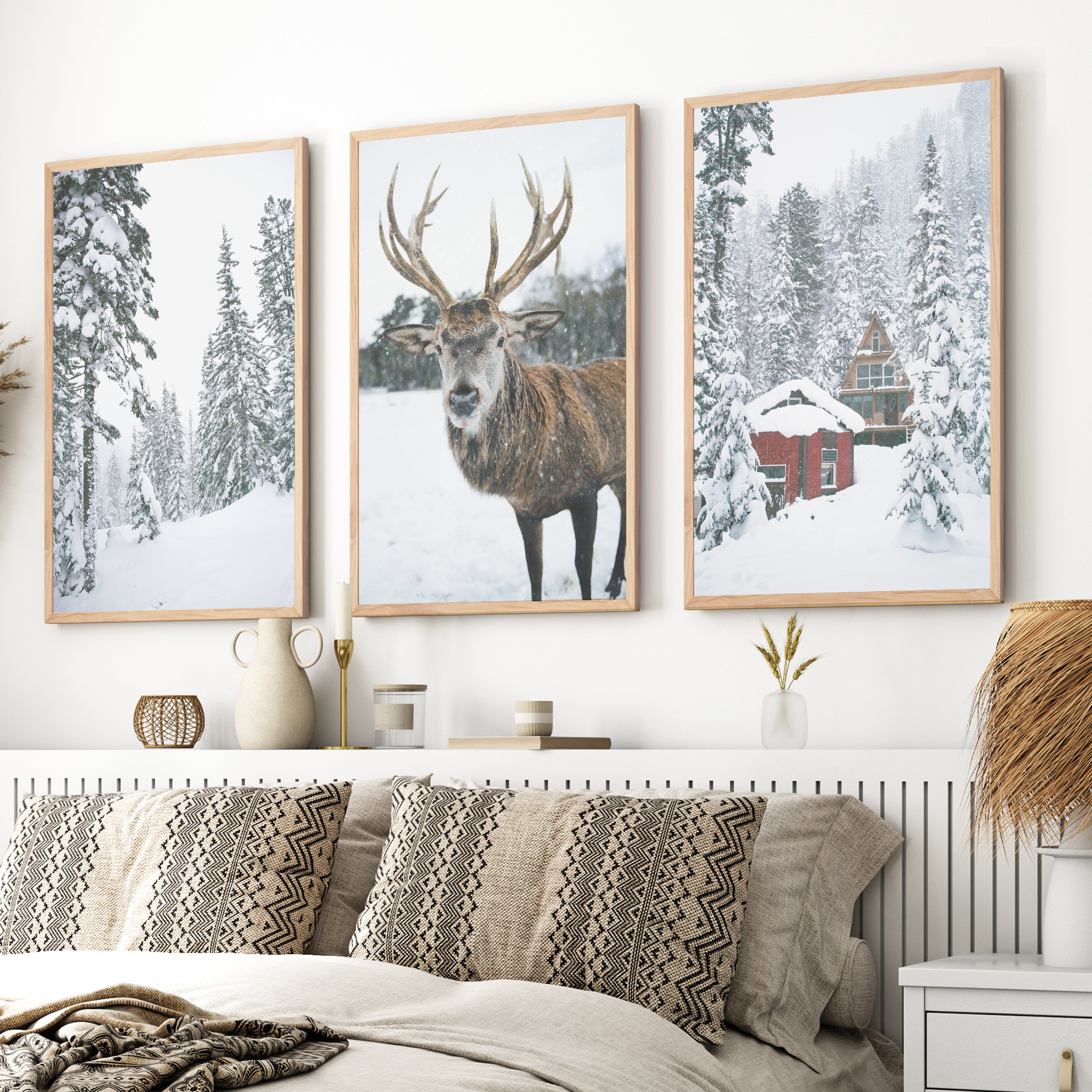 Christmas Mood Wall Art Prints. Red Log Cabin, Deer - Natural Wood Framed Poster No Border - Artworksets