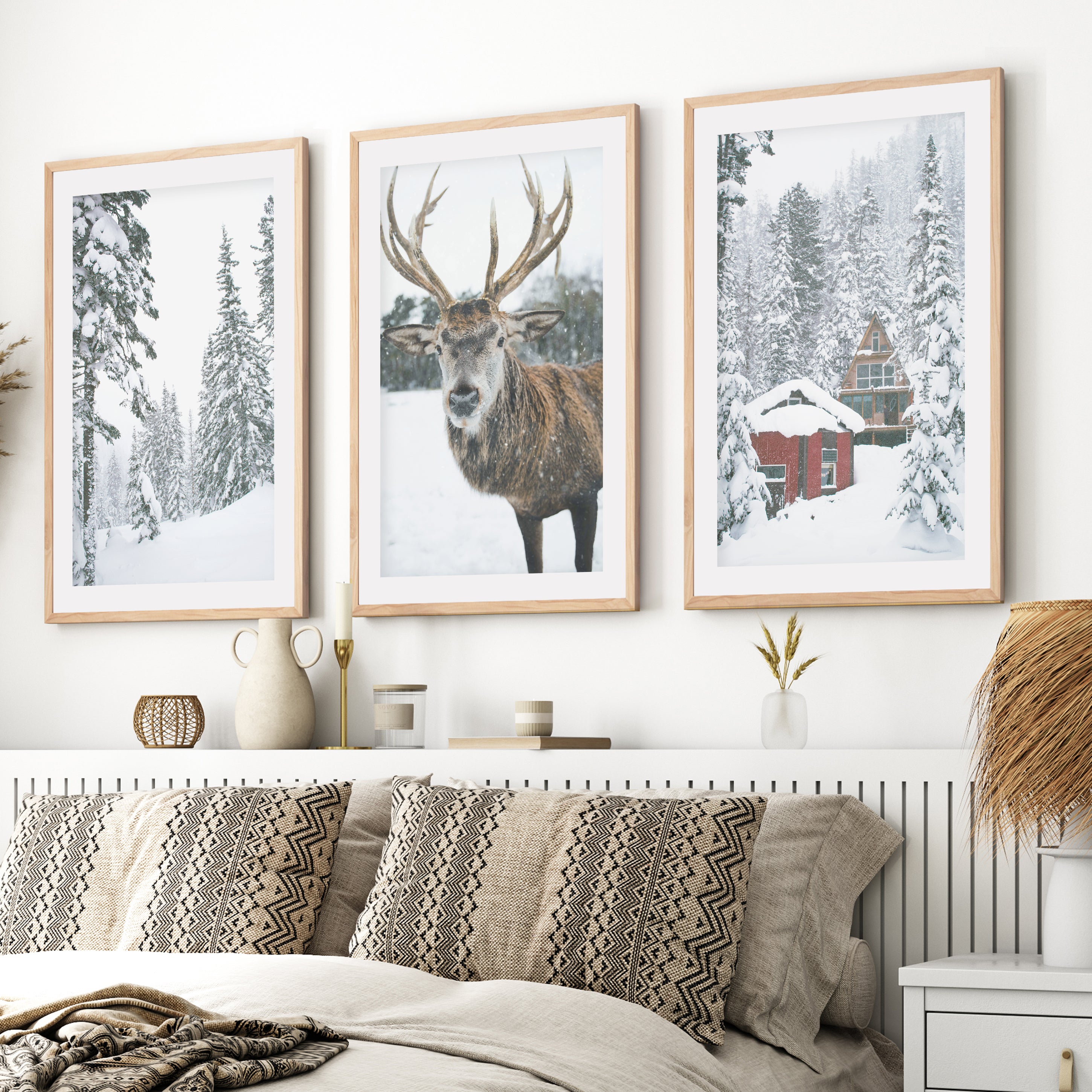 Christmas Mood Wall Art Prints. Red Log Cabin, Deer- Natural Wood Framed Poster with White Border - Artworksets