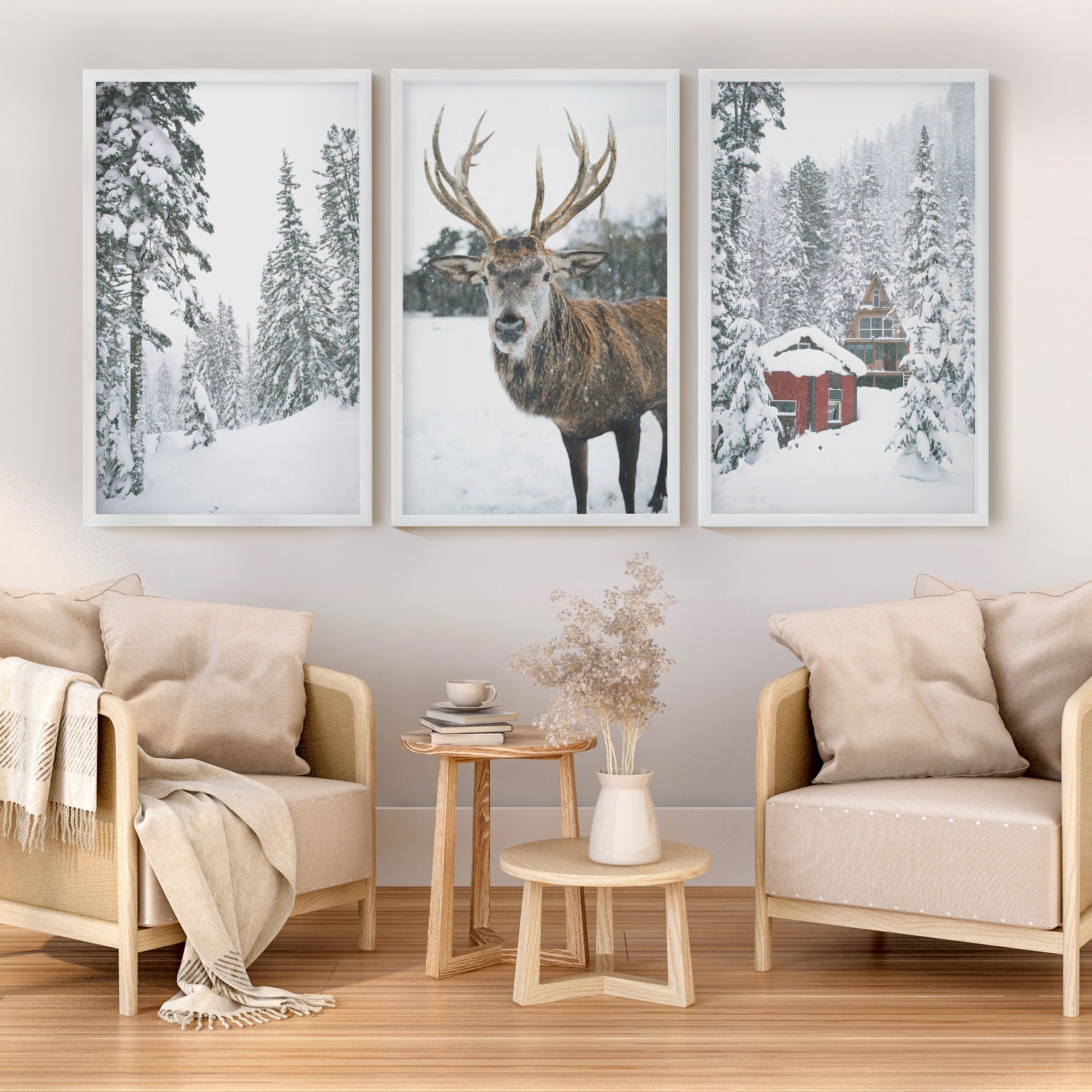 Christmas Mood Wall Art Prints. Red Log Cabin, Deer - White Framed Poster No Border - Artworksets
