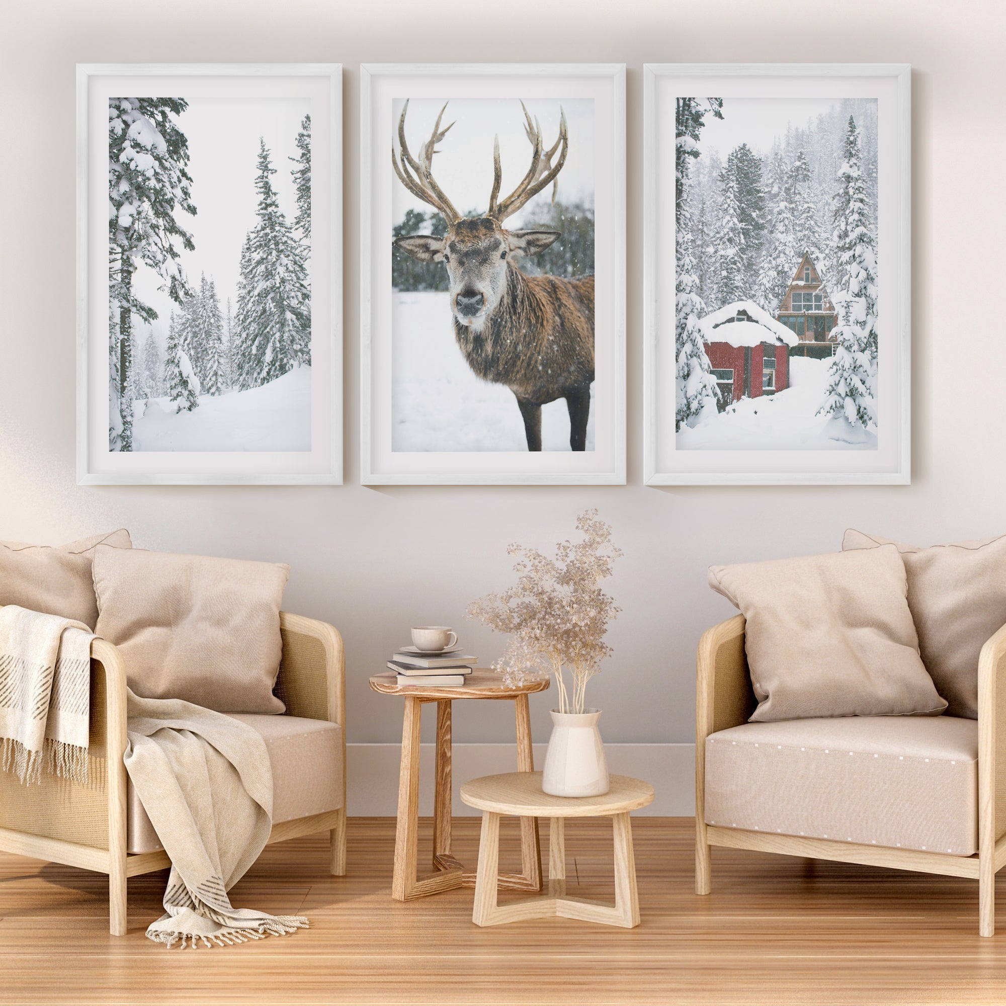 Christmas Mood Wall Art Prints. Red Log Cabin, Deer - White Framed Poster with White Border - Artworksets