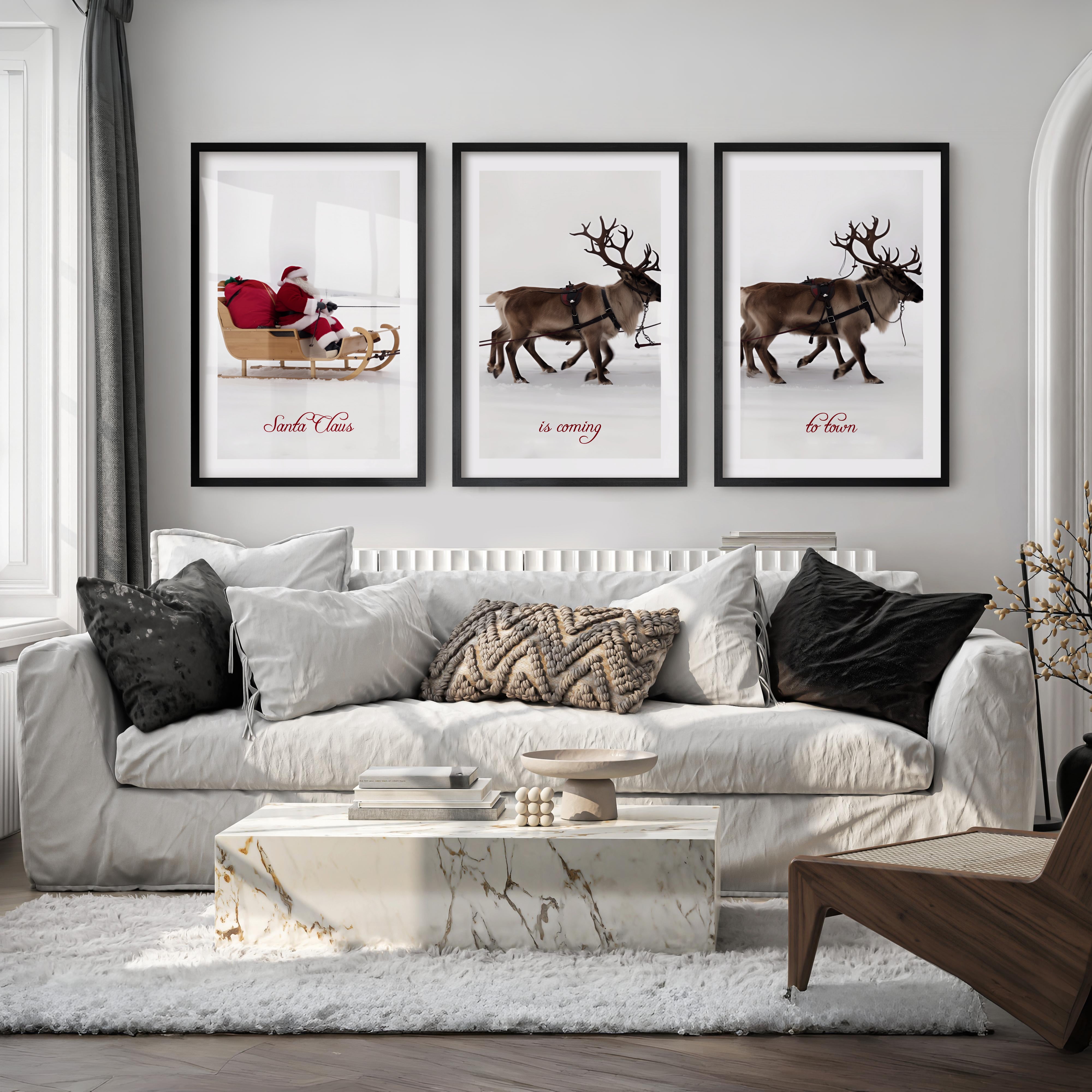 Christmas Santa Claus Sleigh Ride – Festive Wall Art Set of 3 - Black Framed Poster with White Border - Artworksets