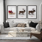 Christmas Santa Claus Sleigh Ride – Festive Wall Art Set of 3 - Black Framed Poster with White Border - Artworksets