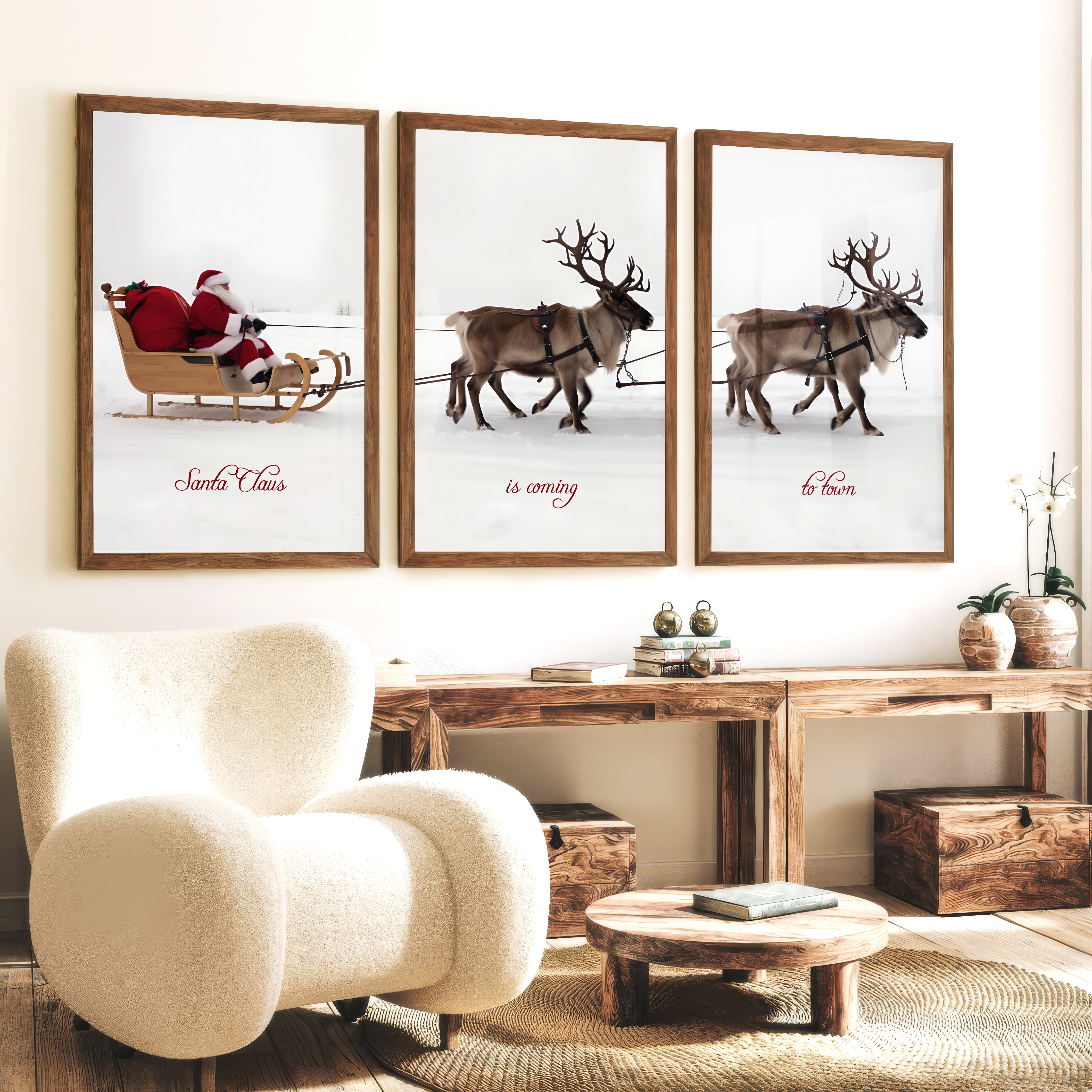 Christmas Santa Claus Sleigh Ride – Festive Wall Art Set of 3 - Dark Brown Framed Poster No Border - Artworksets
