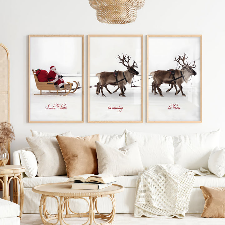 Christmas Santa Claus Sleigh Ride – Festive Wall Art Set of 3 - Natural Wood Framed Poster No Border - Artworksets