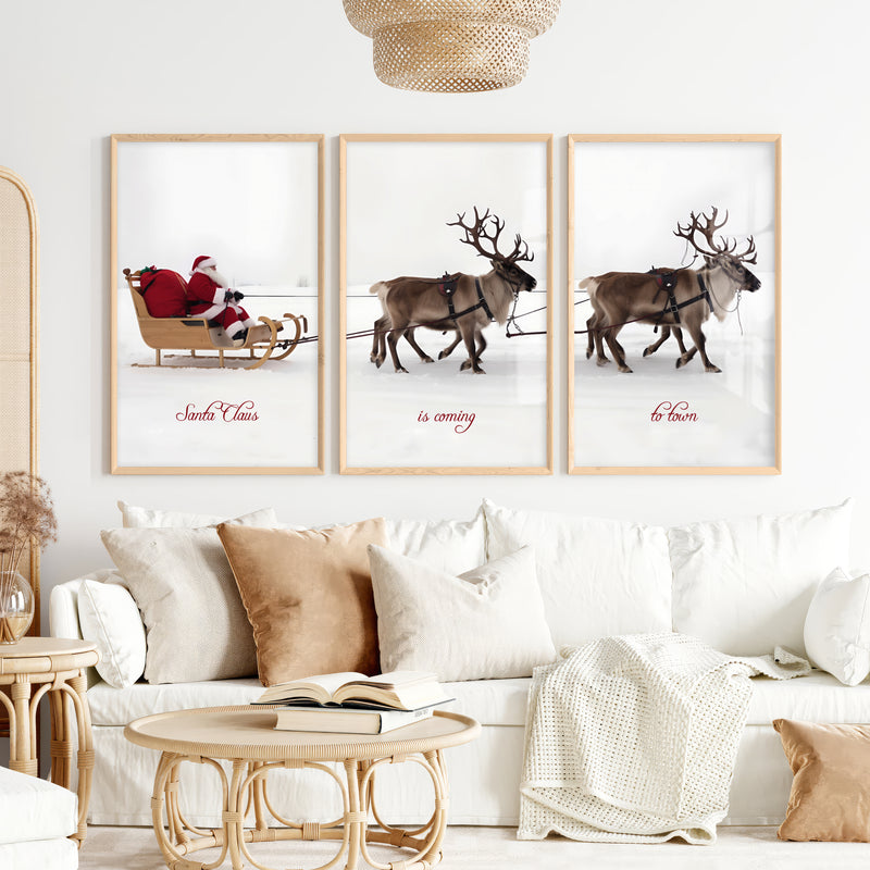 Christmas Santa Claus Sleigh Ride – Festive Wall Art Set of 3 - Natural Wood Framed Poster No Border - Artworksets