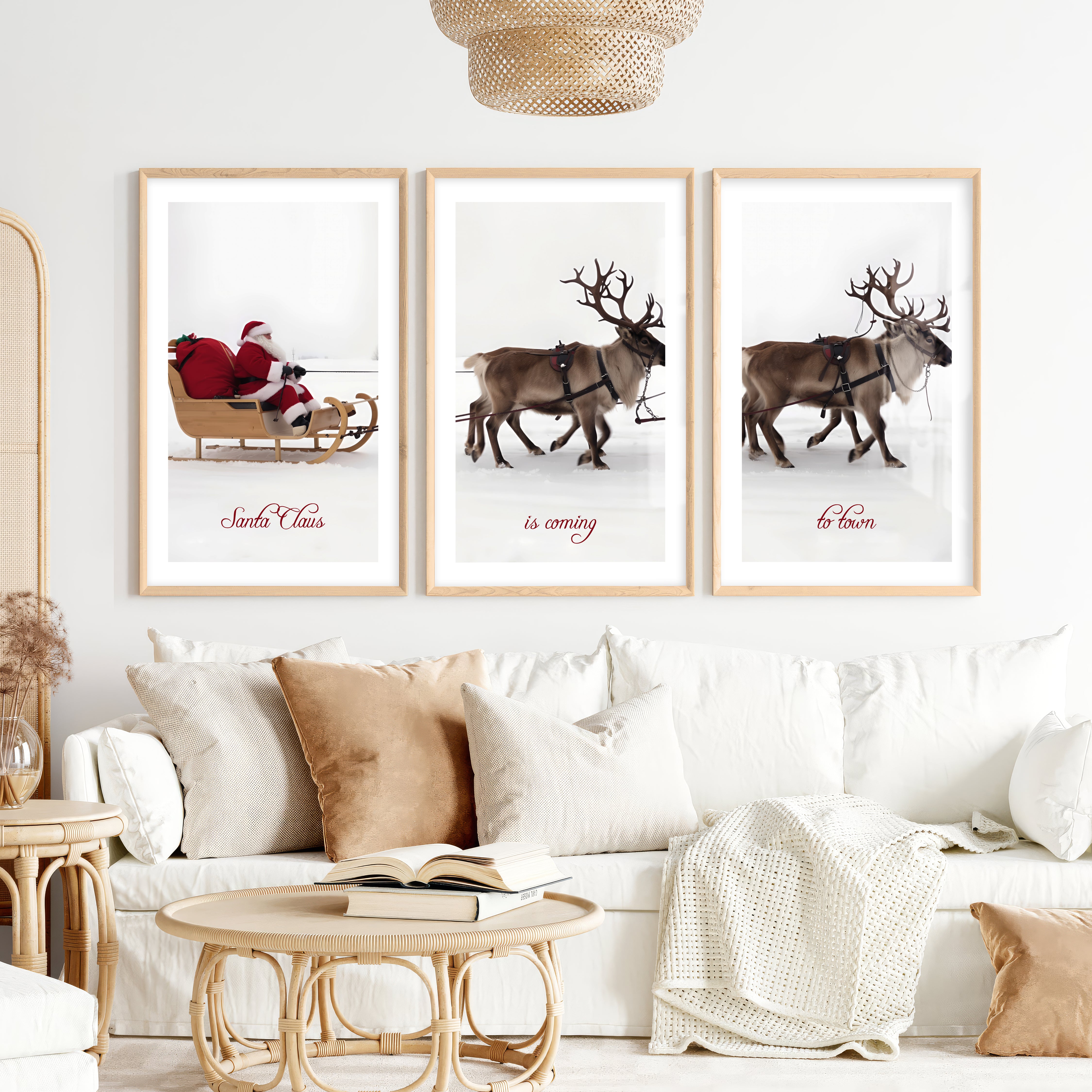 Christmas Santa Claus Sleigh Ride – Festive Wall Art Set of 3- Natural Wood Framed Poster with White Border - Artworksets
