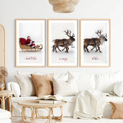 Christmas Santa Claus Sleigh Ride – Festive Wall Art Set of 3- Natural Wood Framed Poster with White Border - Artworksets