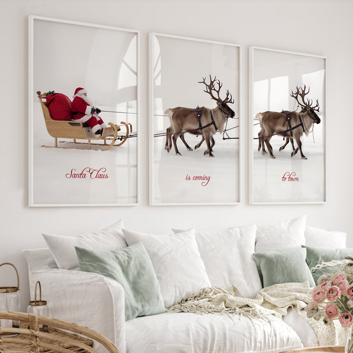 Christmas Santa Claus Sleigh Ride – Festive Wall Art Set of 3 - White Framed Poster No Border - Artworksets