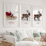Christmas Santa Claus Sleigh Ride – Festive Wall Art Set of 3 - White Framed Poster with White Border - Artworksets