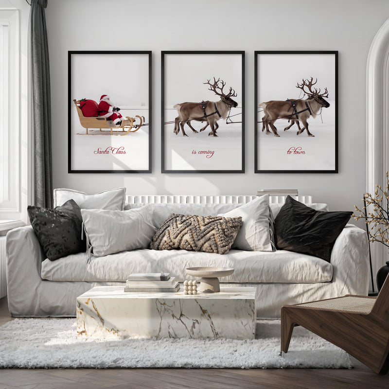 Christmas Santa Claus Sleigh Ride – Festive Wall Art Set of 3 - Black Framed Poster No Border - Artworksets