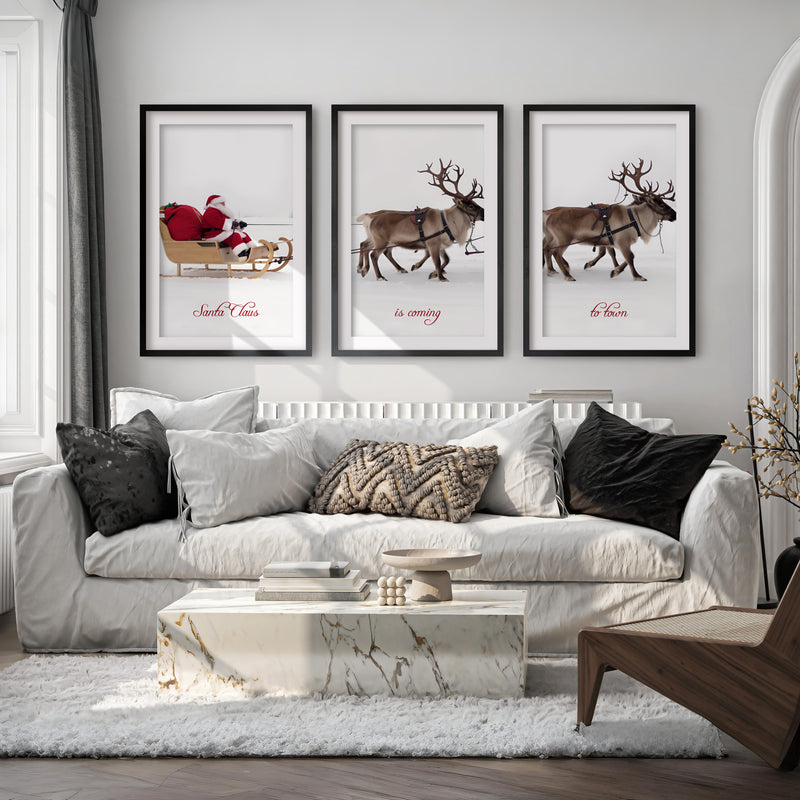 Christmas Santa Claus Sleigh Ride – Festive Wall Art Set of 3 - Black Framed Poster with White Border - Artworksets