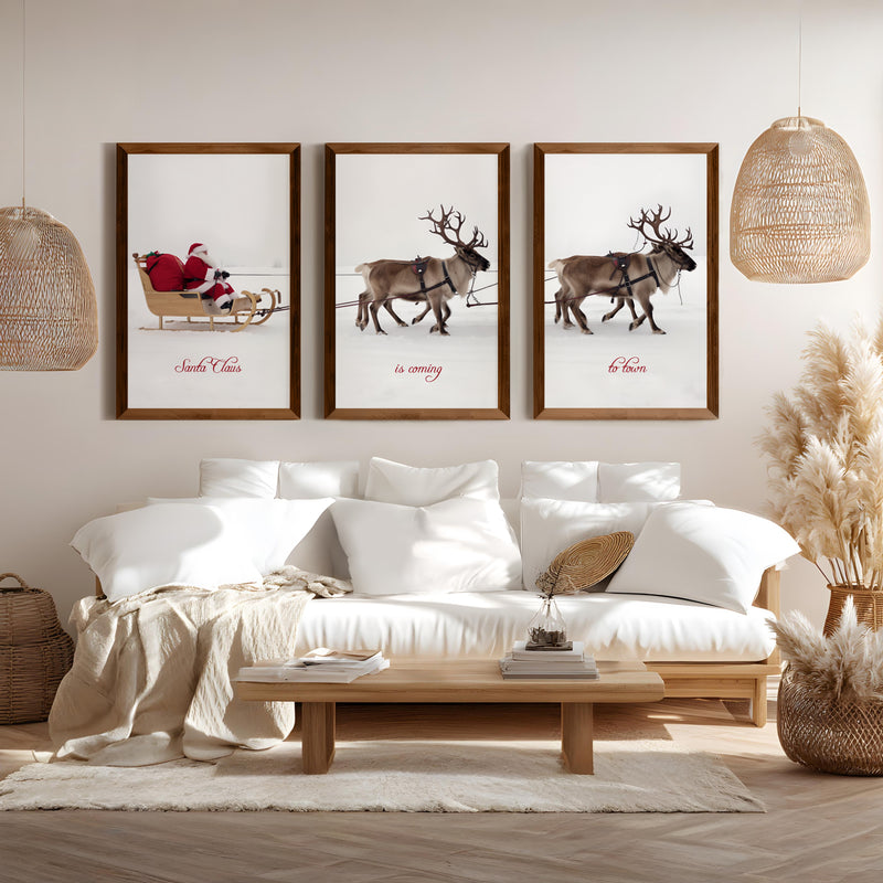 Christmas Santa Claus Sleigh Ride – Festive Wall Art Set of 3 - Dark Brown Framed Poster No Border - Artworksets