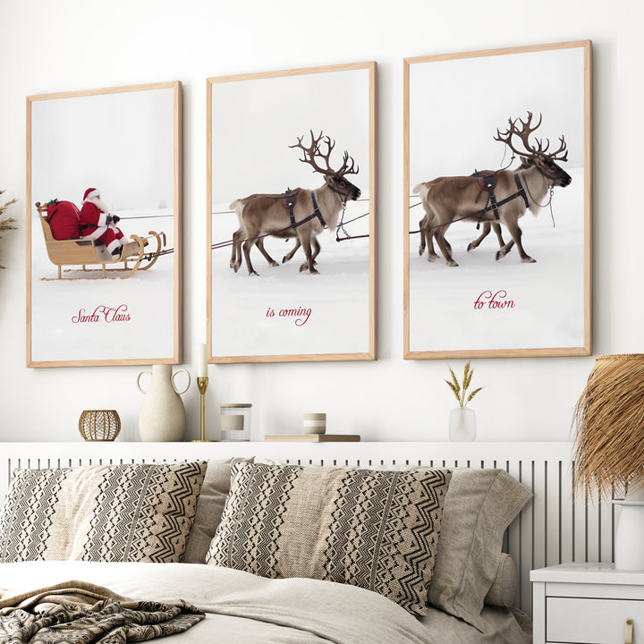 Christmas Santa Claus Sleigh Ride – Festive Wall Art Set of 3 - Natural Wood Framed Poster No Border - Artworksets
