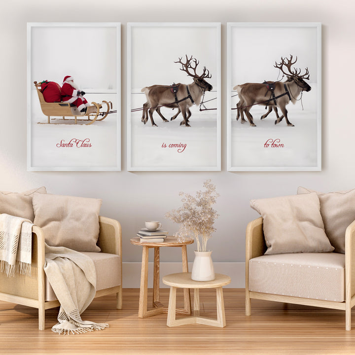 Christmas Santa Claus Sleigh Ride – Festive Wall Art Set of 3 - White Framed Poster No Border - Artworksets