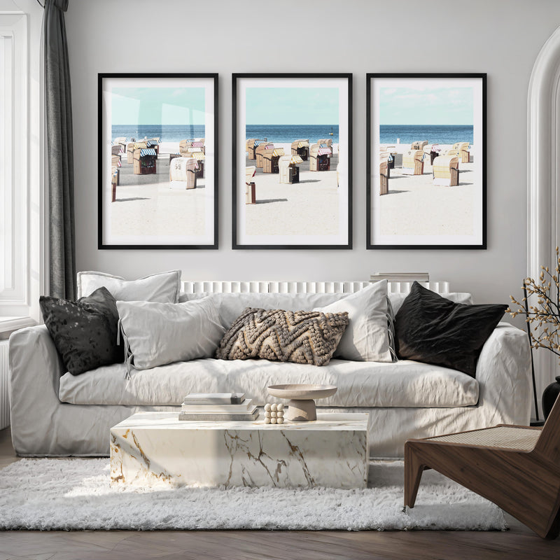 Striped Beach Chairs coastal art - Black Framed Poster with White Border - Artworksets