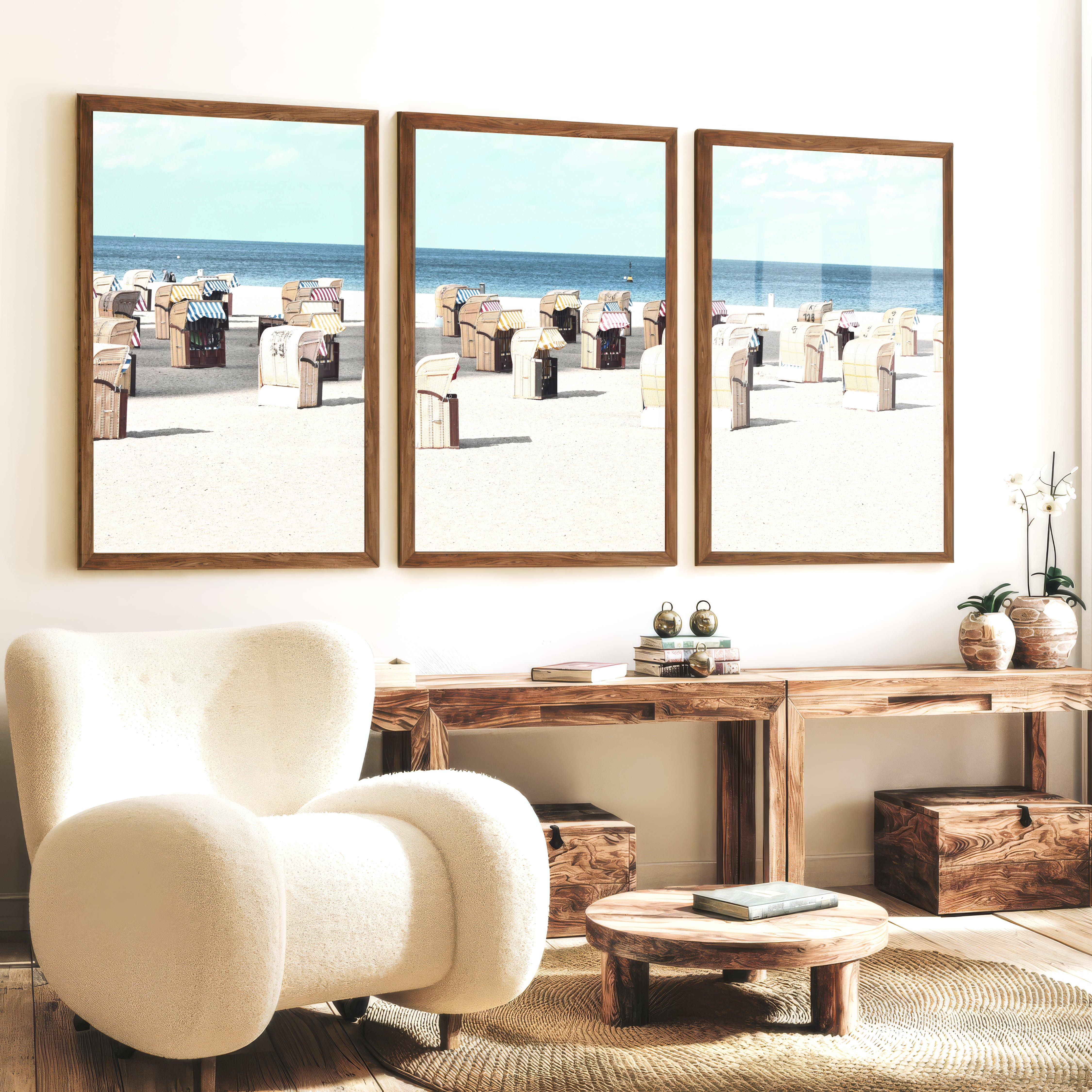 Striped Beach Chairs coastal art - Dark Brown Framed Poster No Border - Artworksets