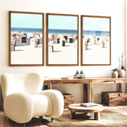 Striped Beach Chairs coastal art - Dark Brown Framed Poster No Border - Artworksets