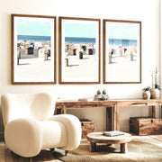 Striped Beach Chairs coastal art - Dark Brown Framed Poster with White Border - Artworksets