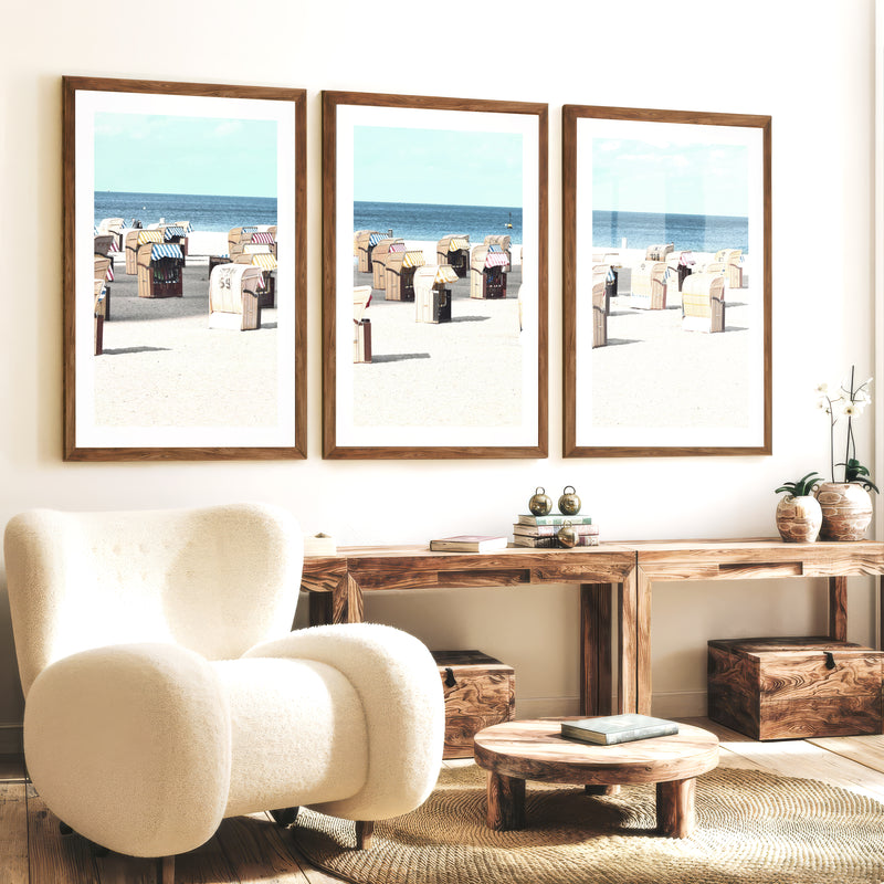 Striped Beach Chairs coastal art - Dark Brown Framed Poster with White Border - Artworksets