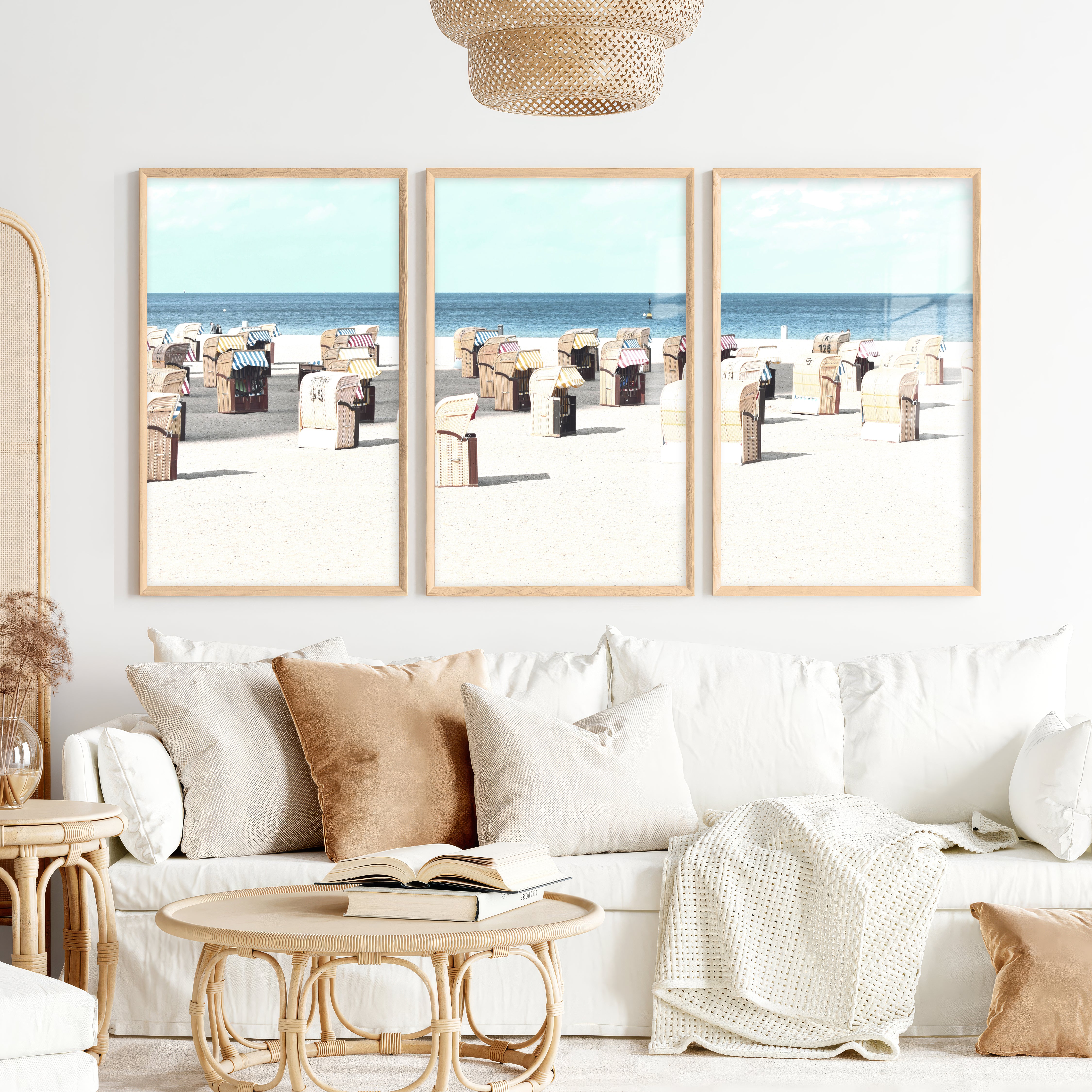 Striped Beach Chairs coastal art - Natural Wood Framed Poster No Border - Artworksets