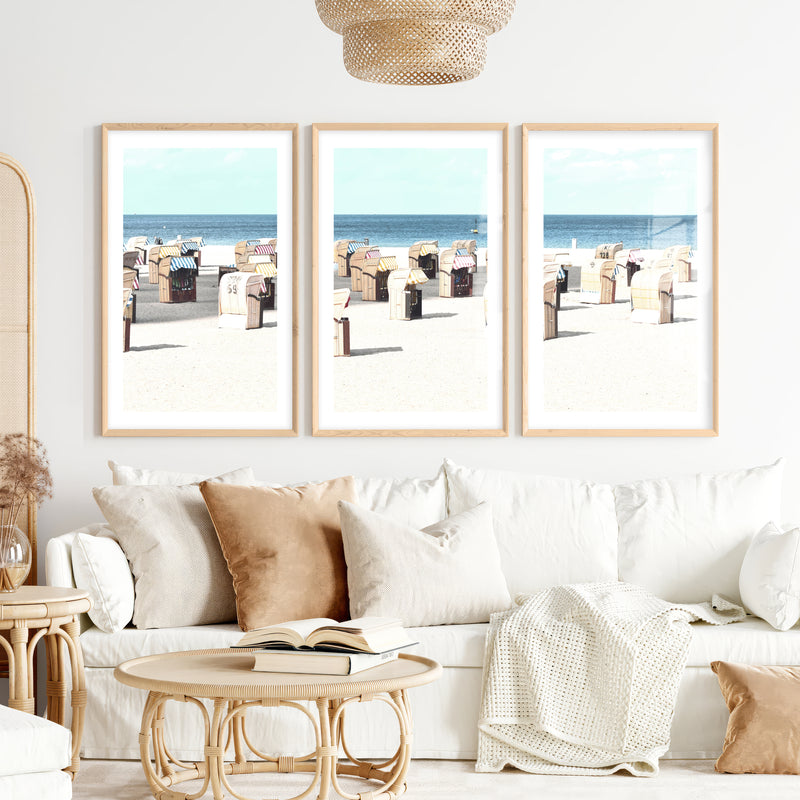 Striped Beach Chairs coastal art- Natural Wood Framed Poster with White Border - Artworksets