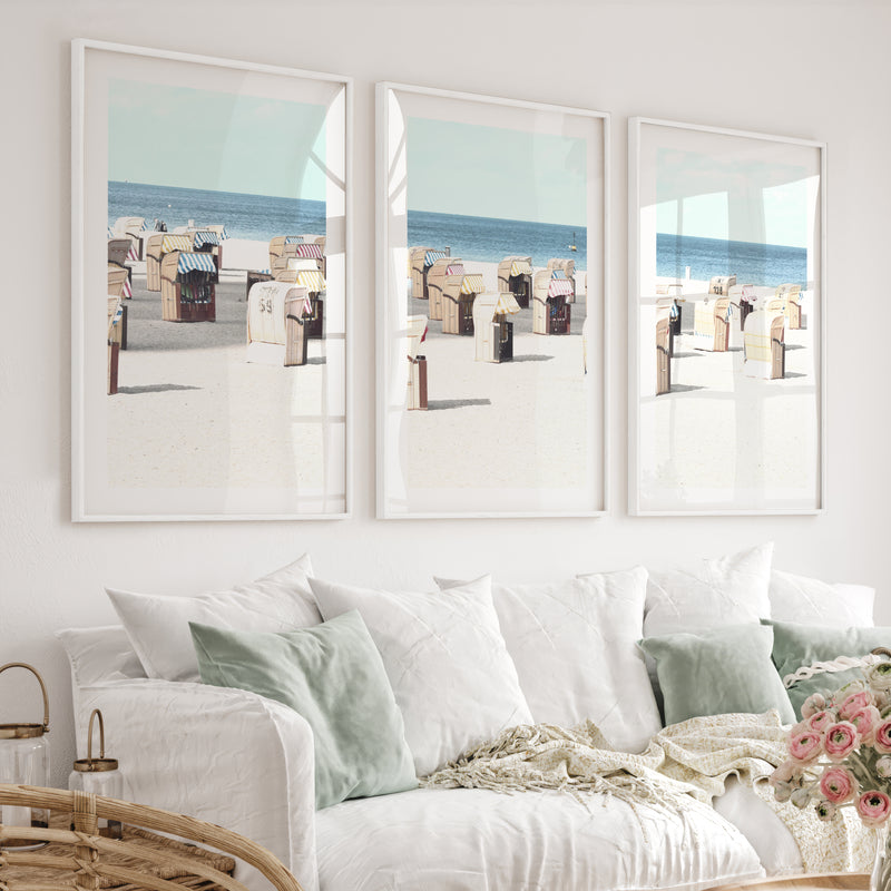 Striped Beach Chairs coastal art - White Framed Poster with White Border - Artworksets