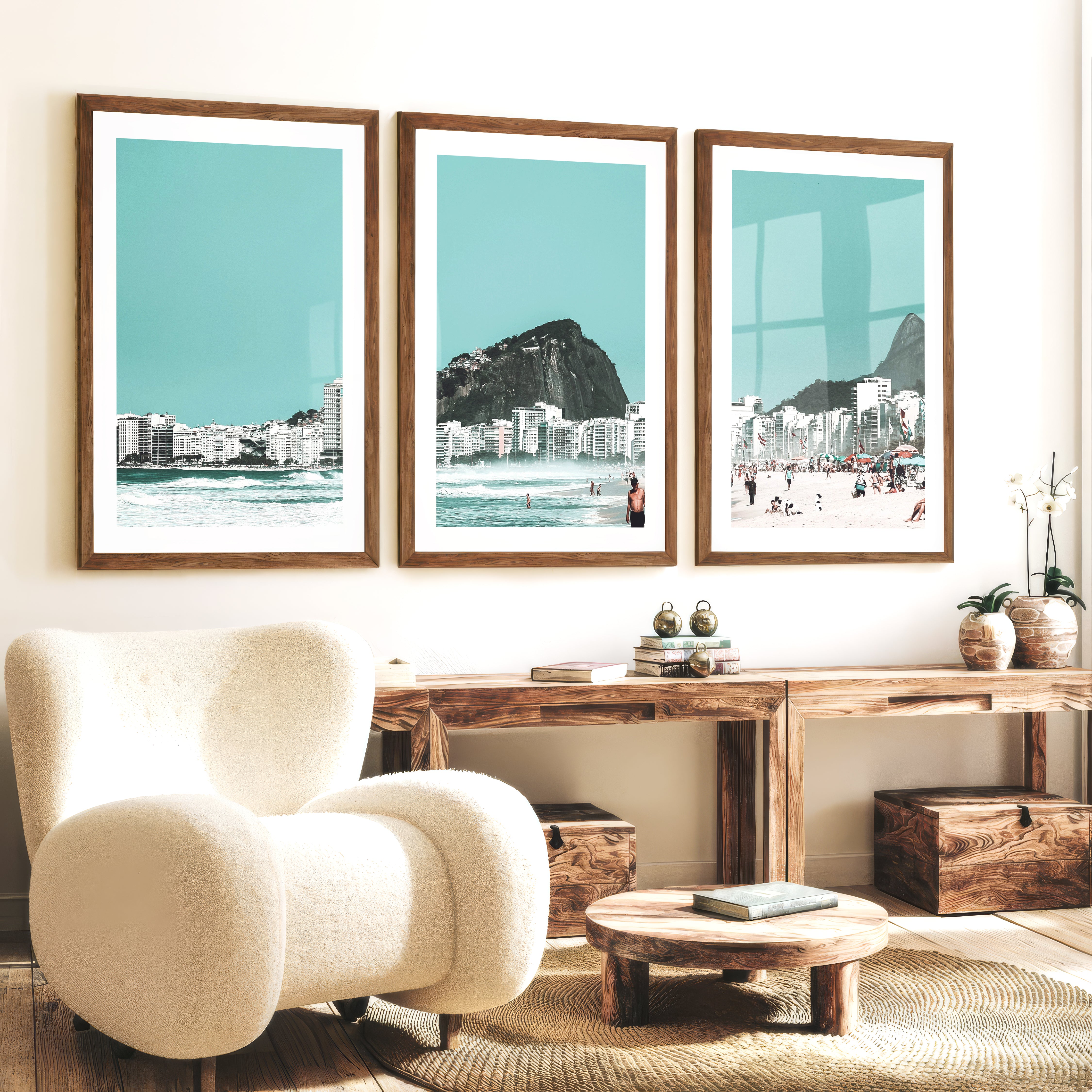 Rio Beach coastal art decor - Dark Brown Framed Poster with White Border - Artworksets