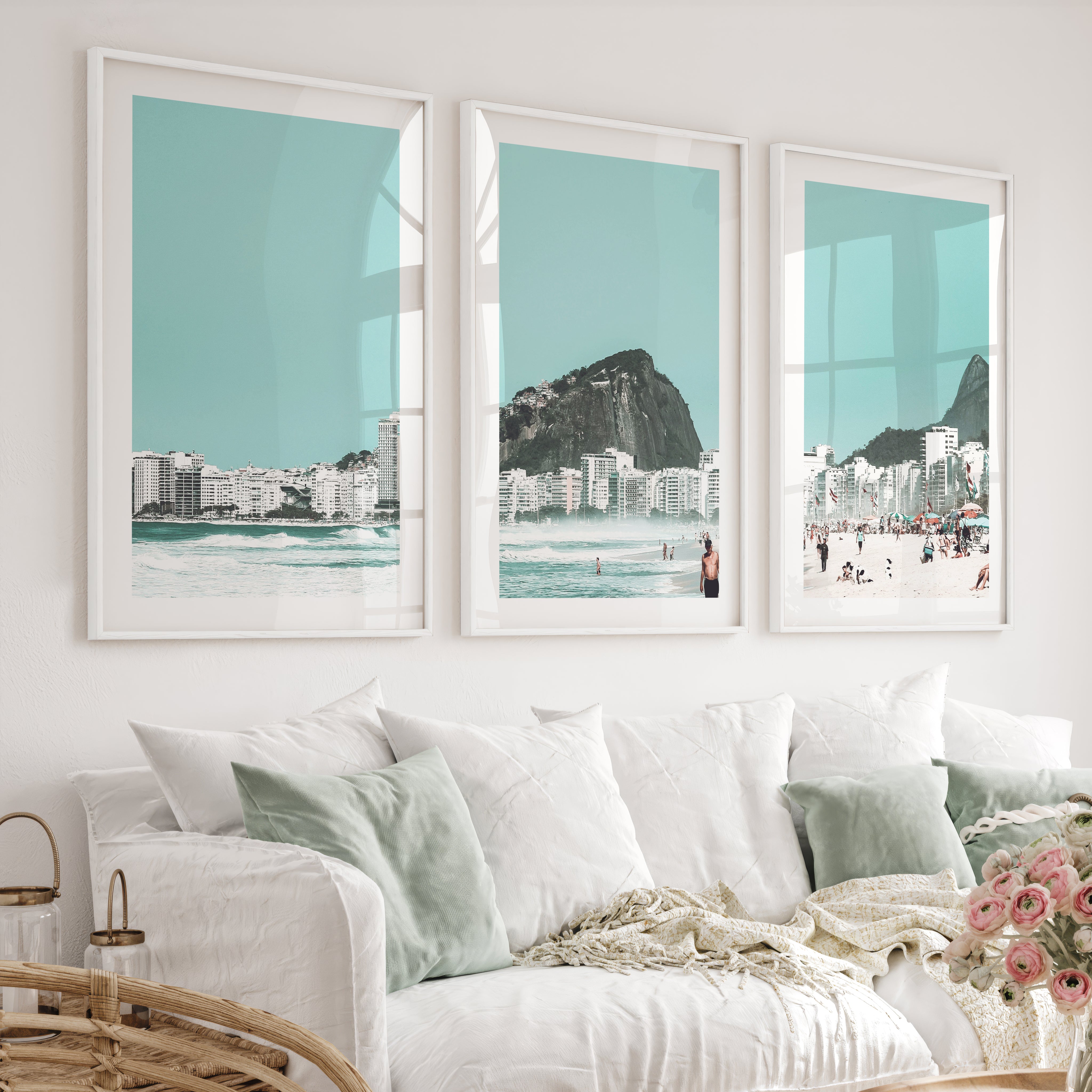 Rio Beach coastal art decor - White Framed Poster with White Border - Artworksets