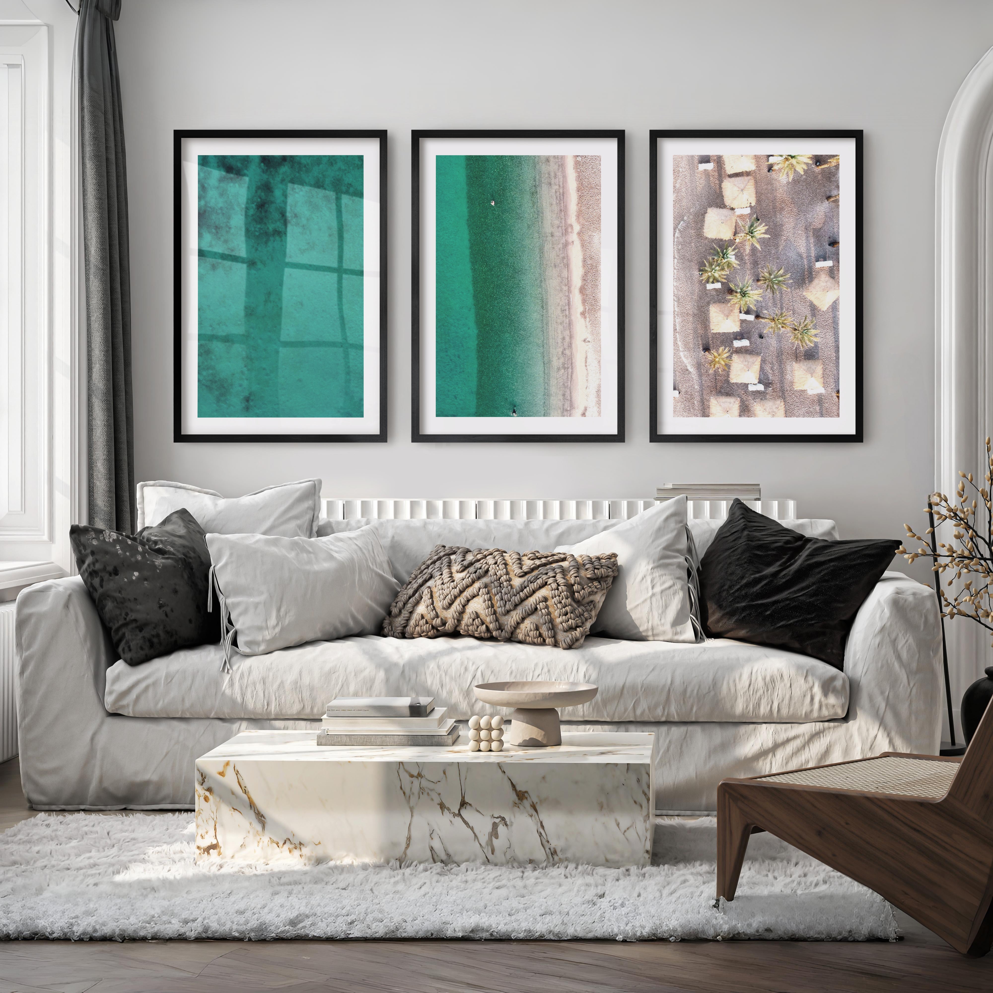 Turquoise Shoreline coastal art for sale - Black Framed Poster with White Border - Artworksets