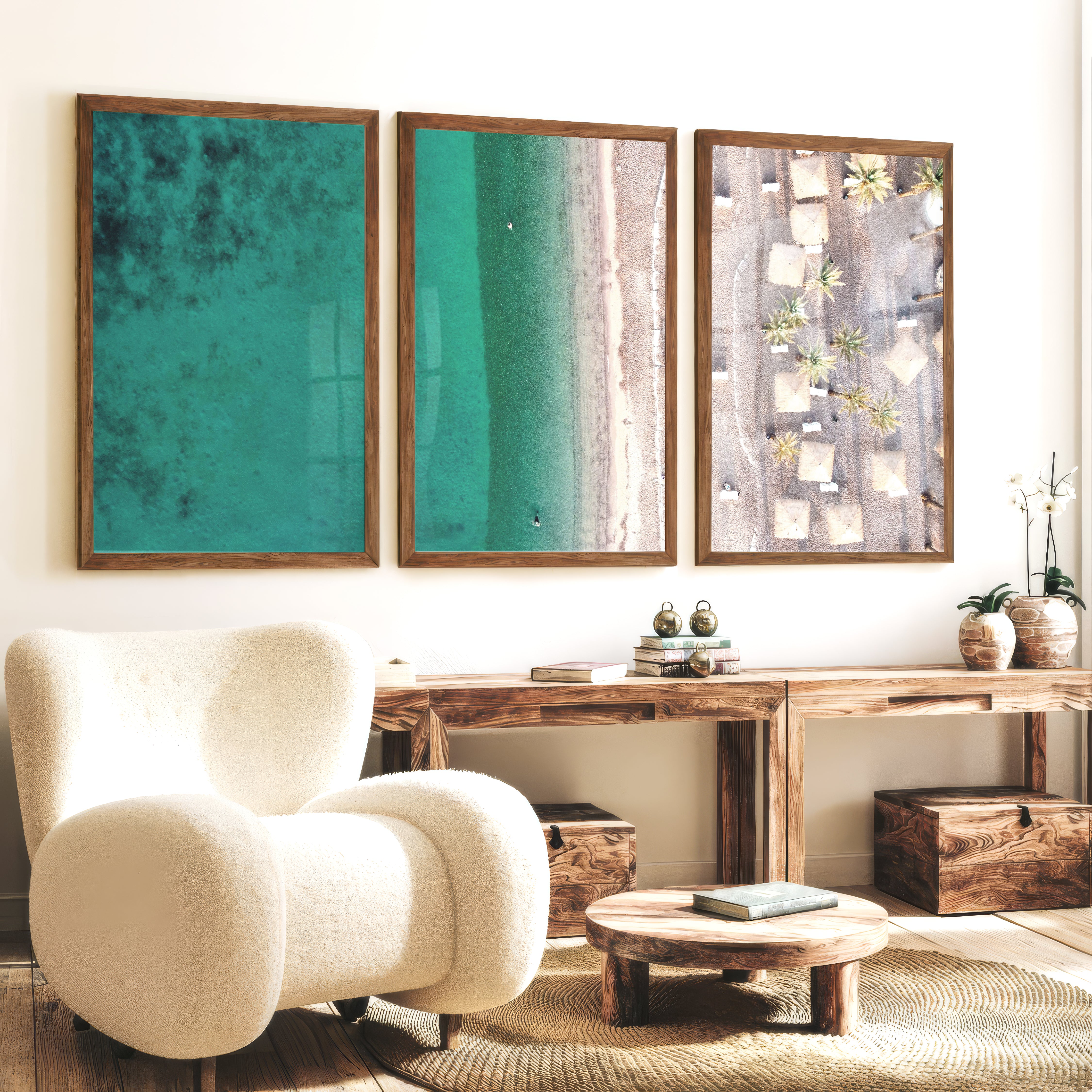 Turquoise Shoreline coastal art for sale - Dark Brown Framed Poster No Border - Artworksets
