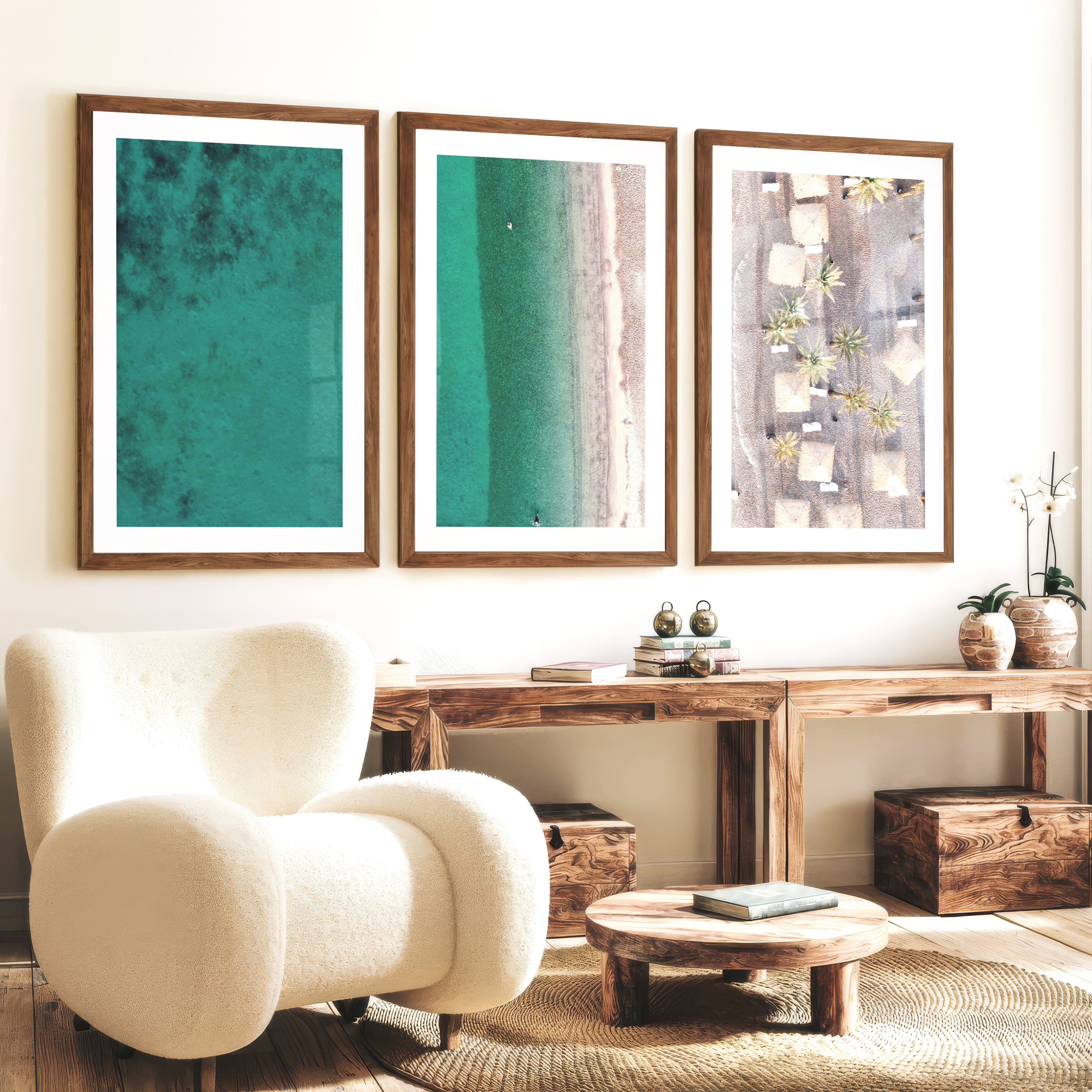 Turquoise Shoreline coastal art for sale - Dark Brown Framed Poster with White Border - Artworksets