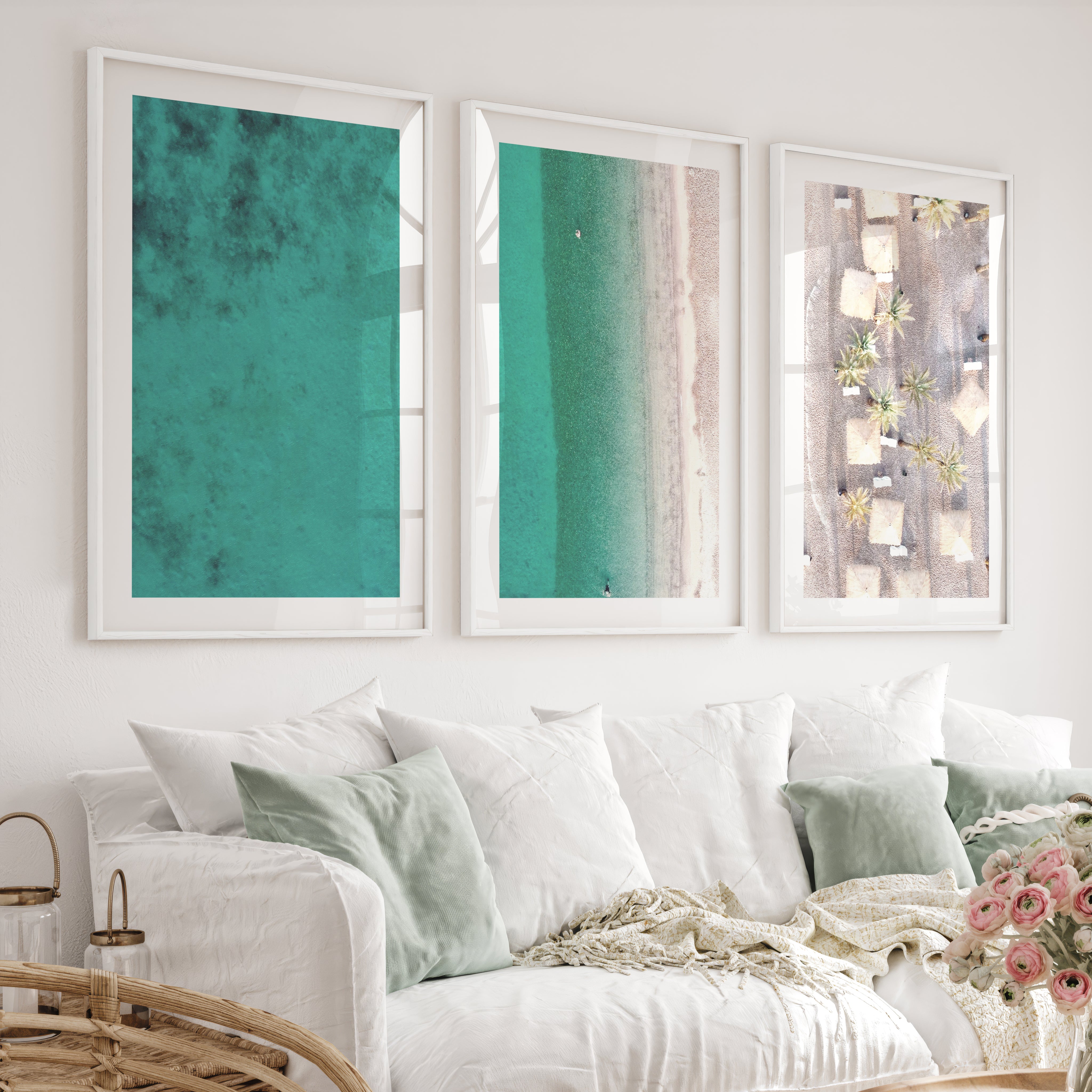Turquoise Shoreline coastal art for sale - White Framed Poster with White Border - Artworksets