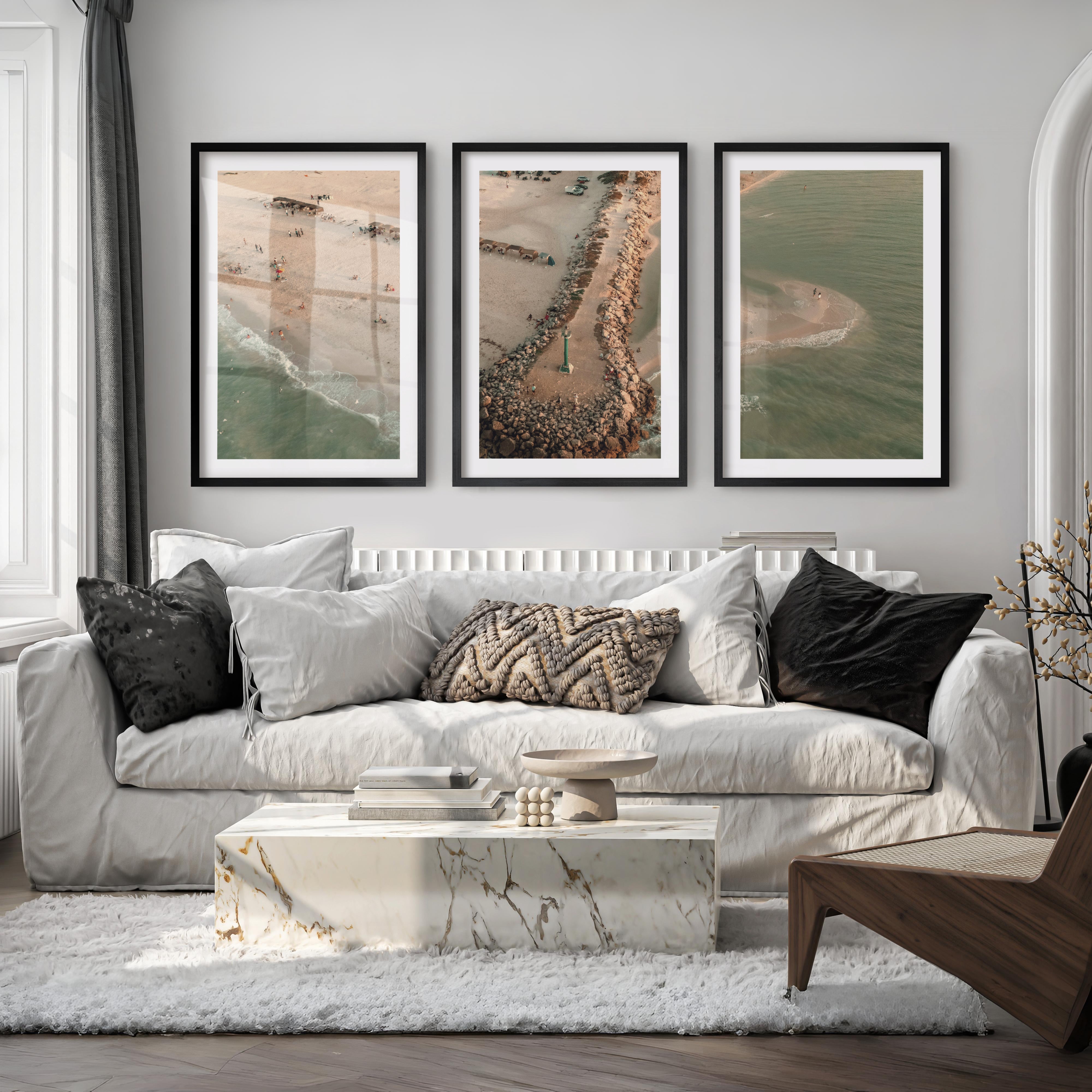 Aerial Jetty Beach coastal art paintings - Black Framed Poster with White Border - Artworksets