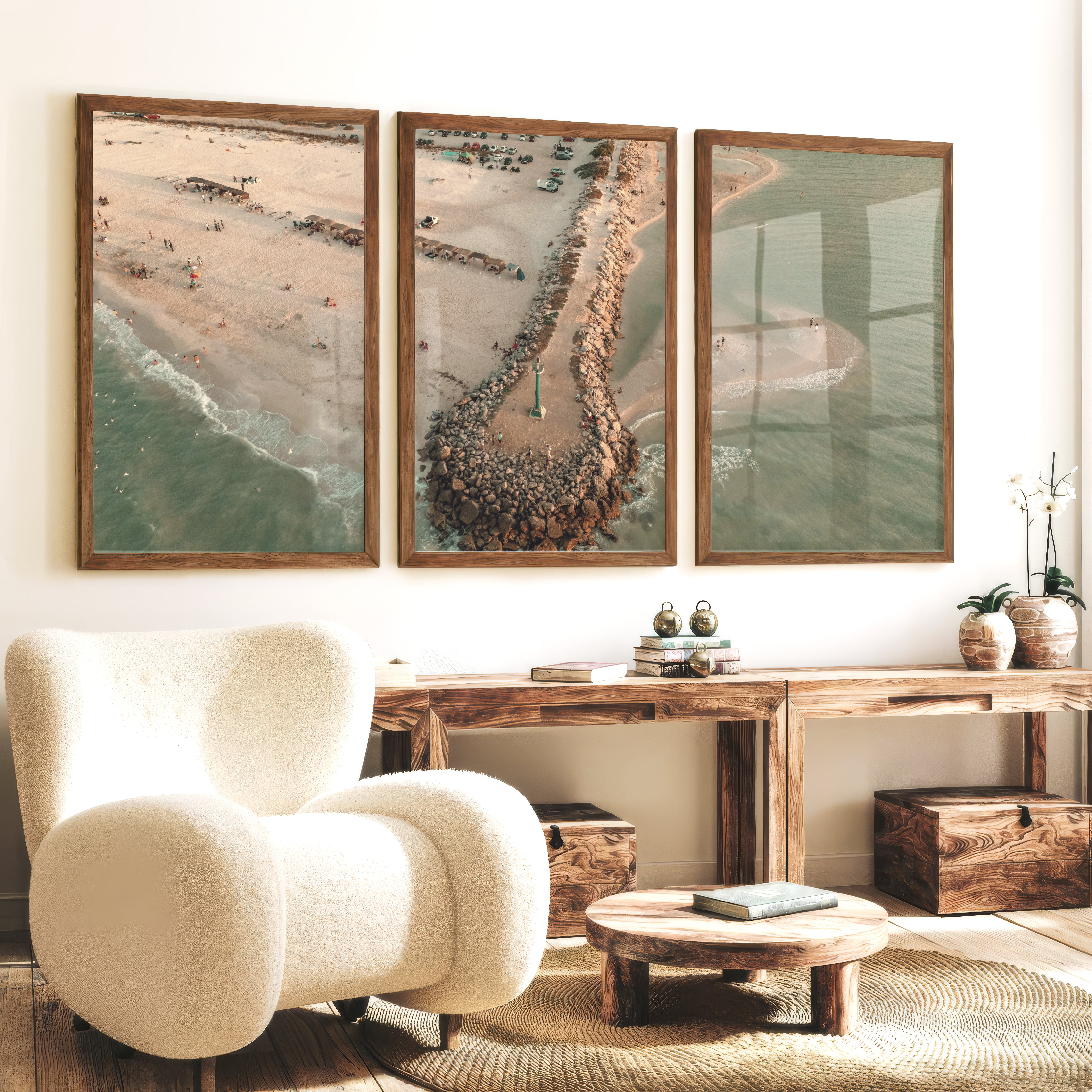 Aerial Jetty Beach coastal art paintings - Dark Brown Framed Poster No Border - Artworksets