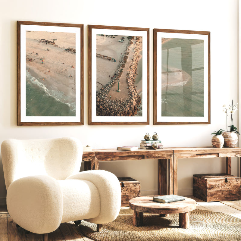 Aerial Jetty Beach coastal art paintings - Dark Brown Framed Poster with White Border - Artworksets