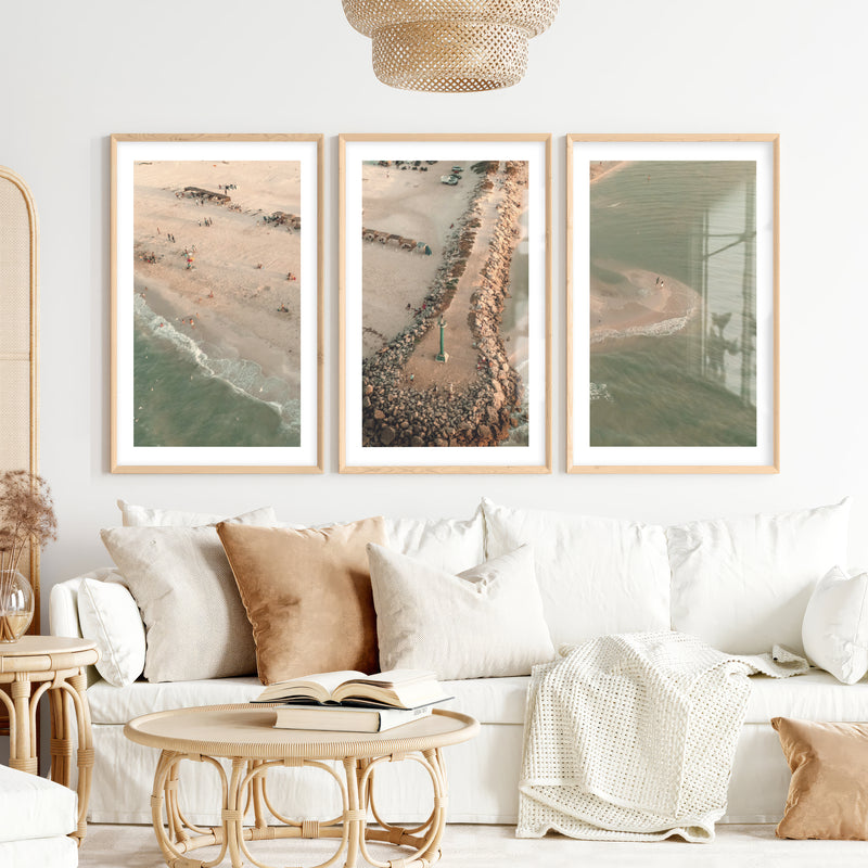 Aerial Jetty Beach coastal art paintings- Natural Wood Framed Poster with White Border - Artworksets