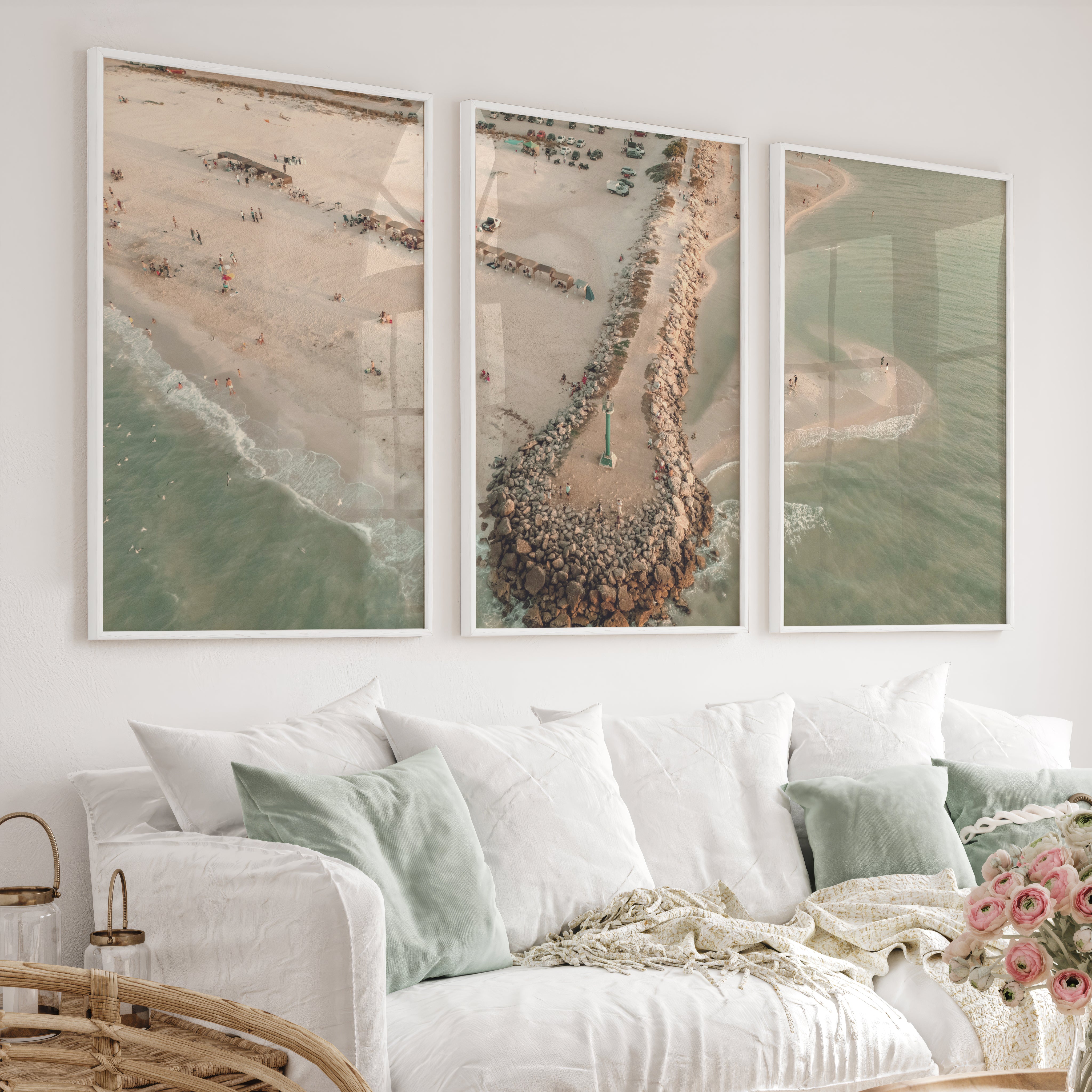Aerial Jetty Beach coastal art paintings - White Framed Poster No Border - Artworksets