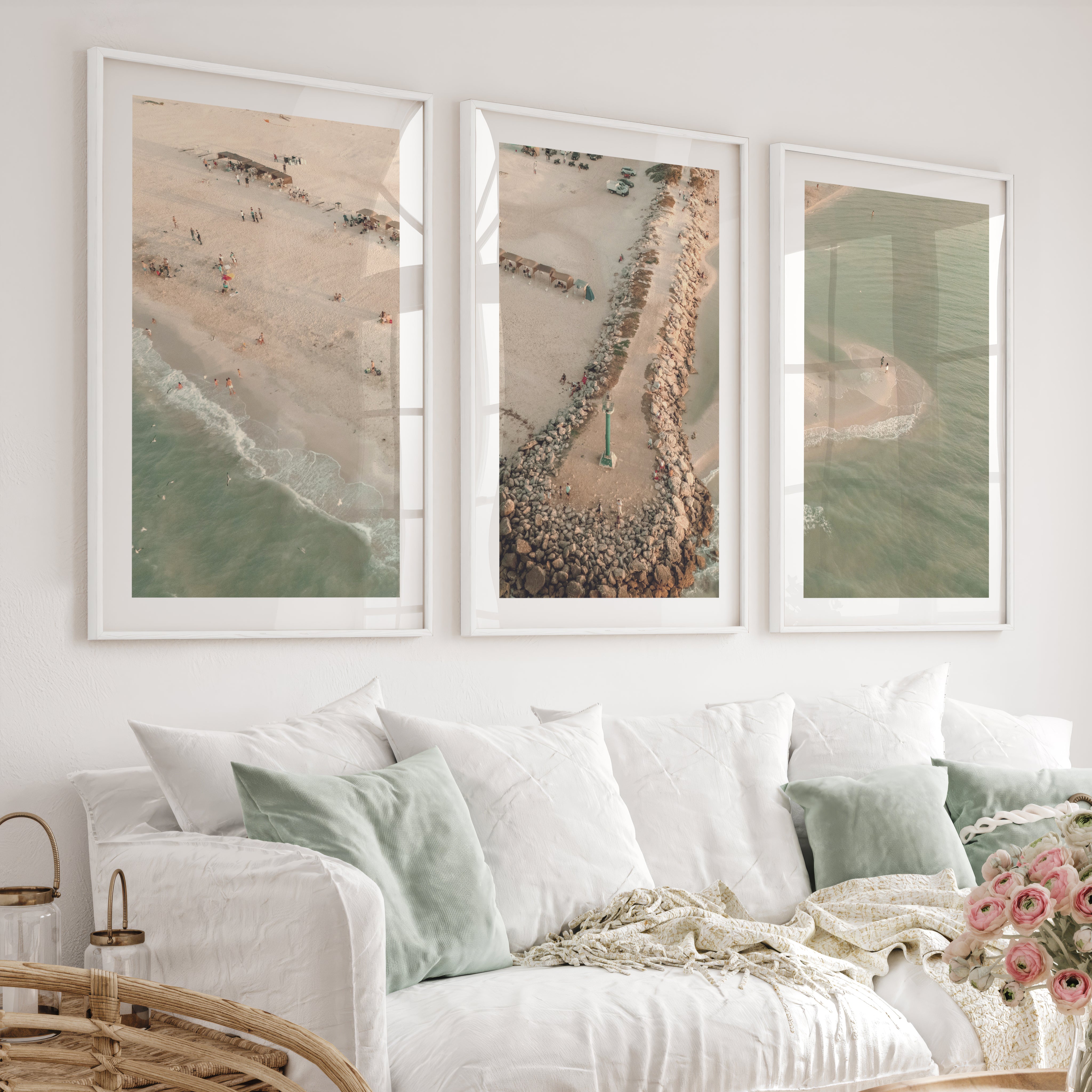 Aerial Jetty Beach coastal art paintings - White Framed Poster with White Border - Artworksets