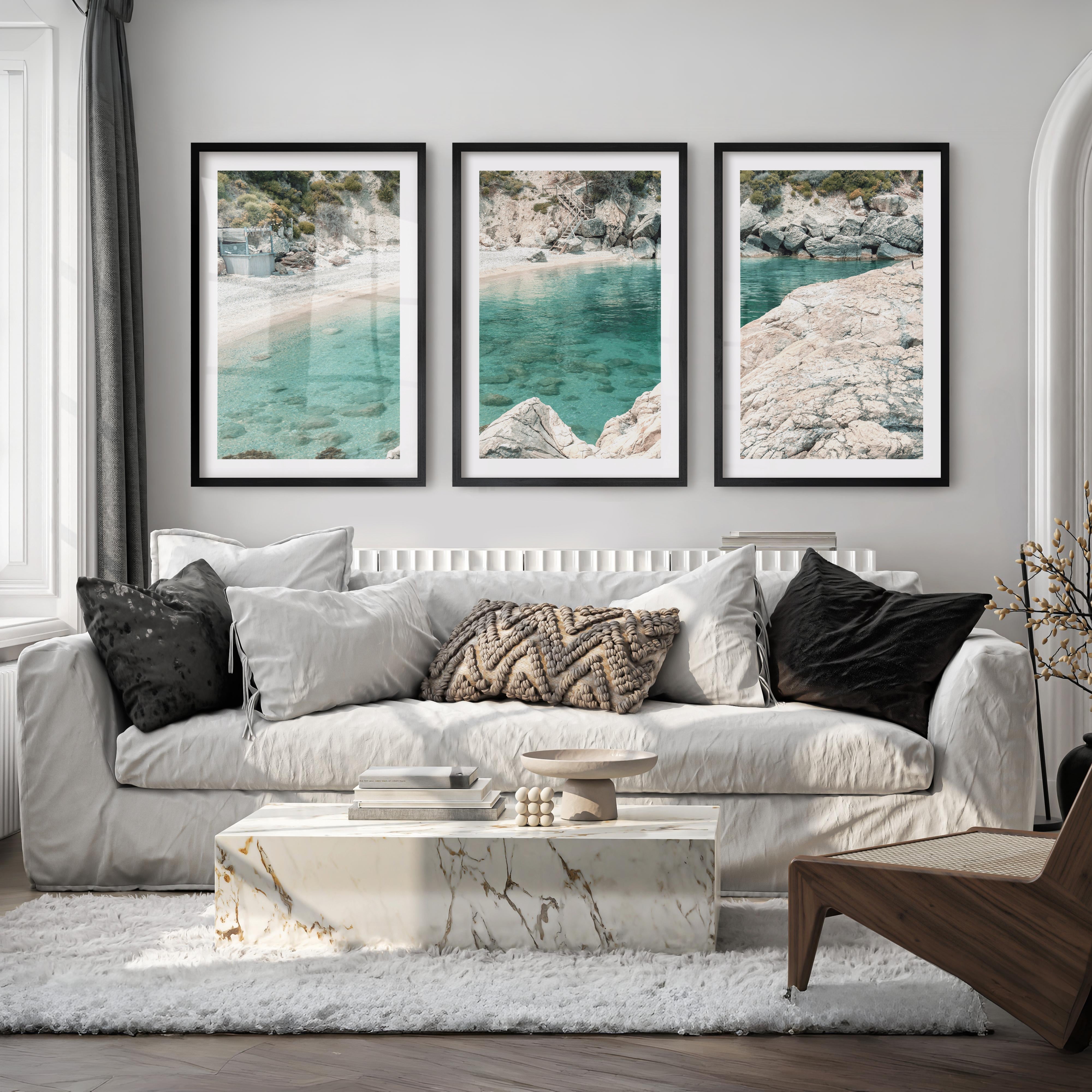 Rocky Cove coastal art pictures - Black Framed Poster with White Border - Artworksets