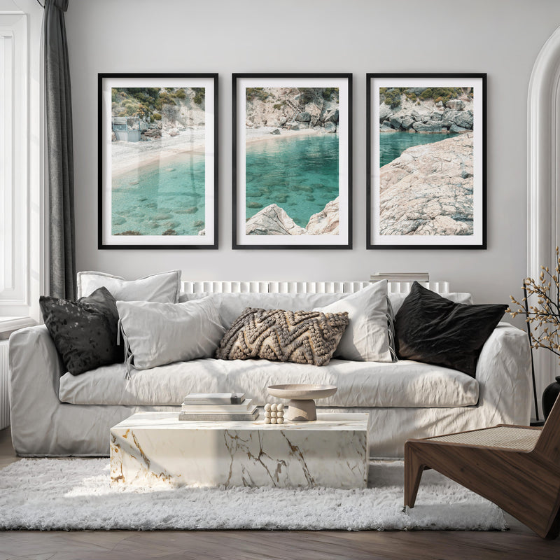 Rocky Cove coastal art pictures - Black Framed Poster with White Border - Artworksets