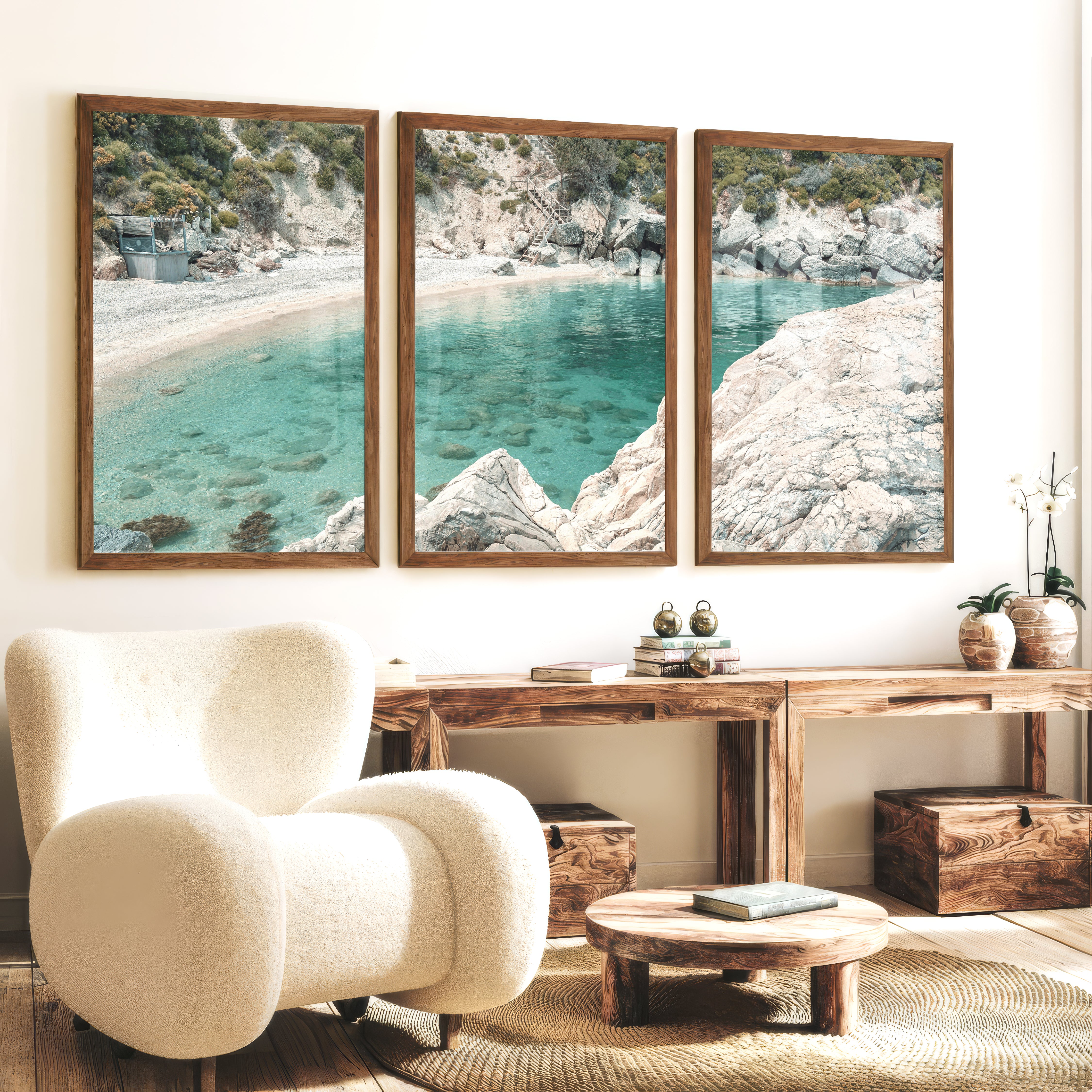 Rocky Cove coastal art pictures - Dark Brown Framed Poster No Border - Artworksets