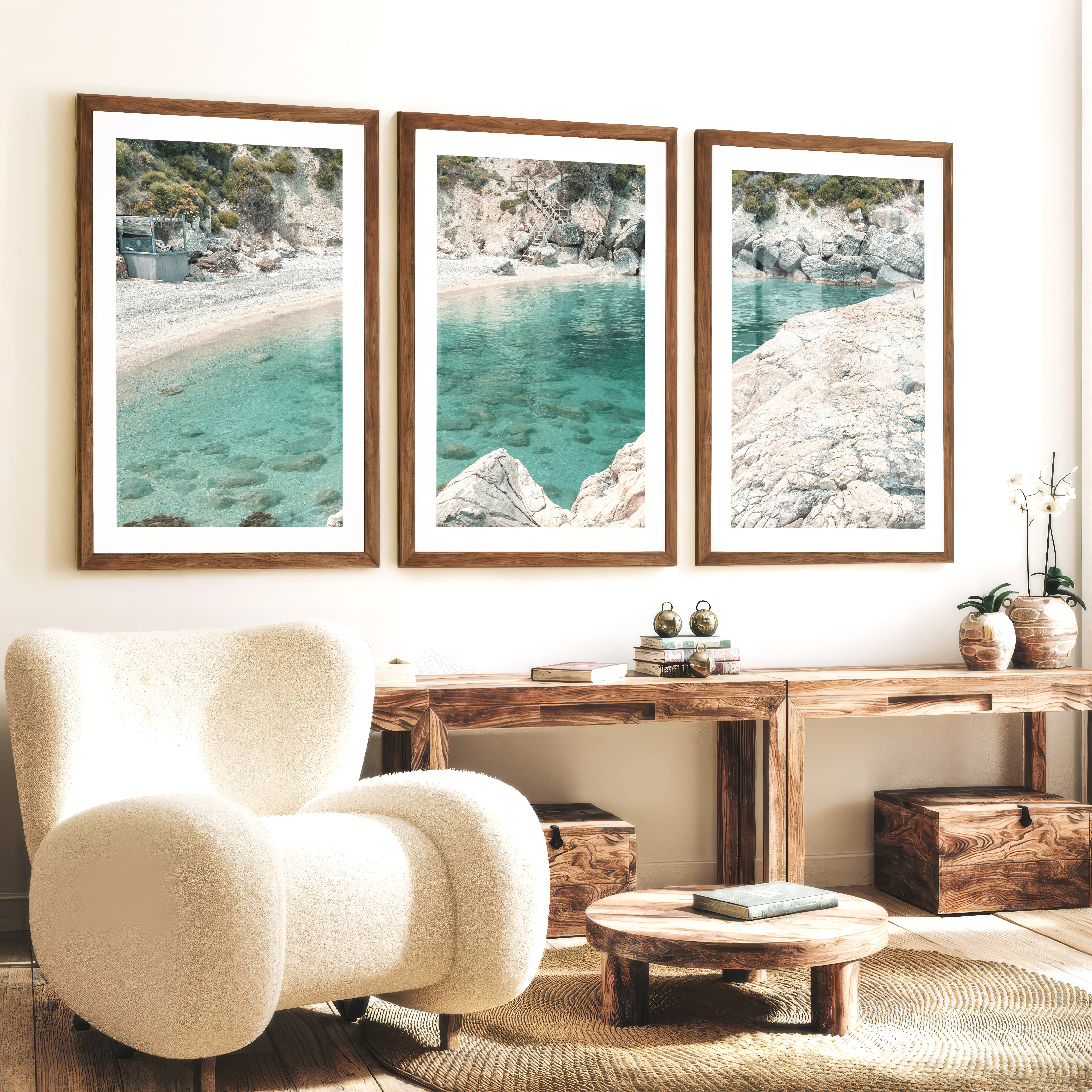 Rocky Cove coastal art pictures - Dark Brown Framed Poster with White Border - Artworksets