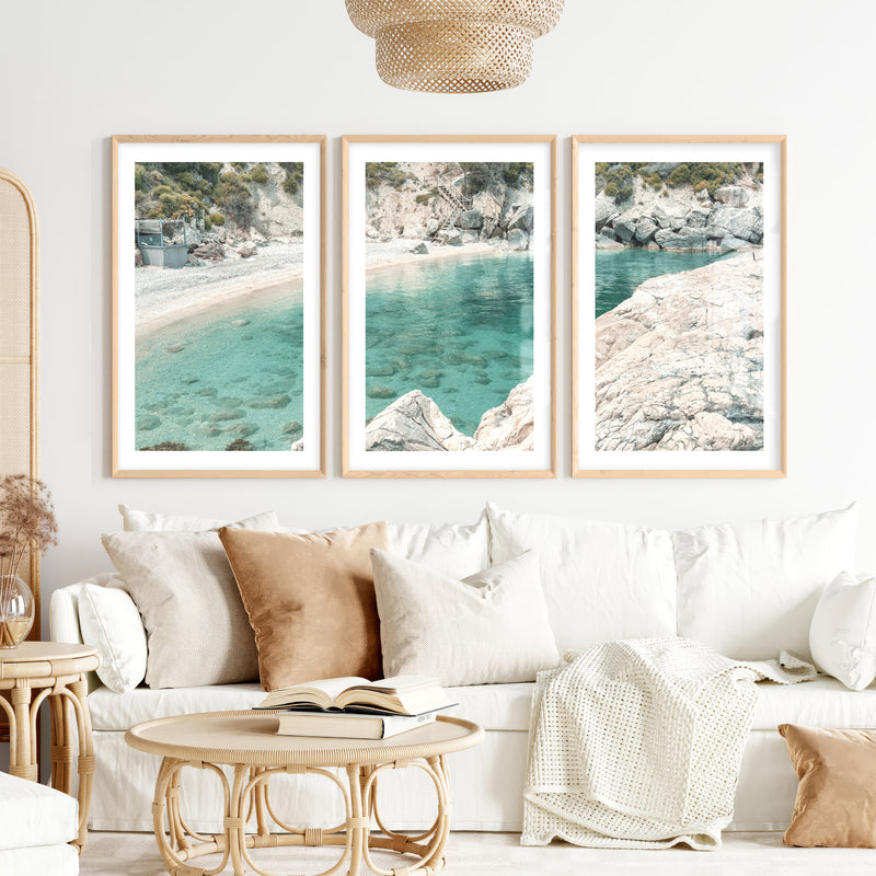 Rocky Cove coastal art pictures- Natural Wood Framed Poster with White Border - Artworksets